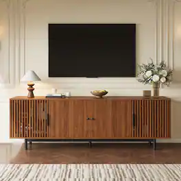 MERAVOM - Mid-Century Modern TV Stand for TVs Up to 85", Entertainment Center with 4 Doors, Adjustable Shelves for Living Room - Walnut
