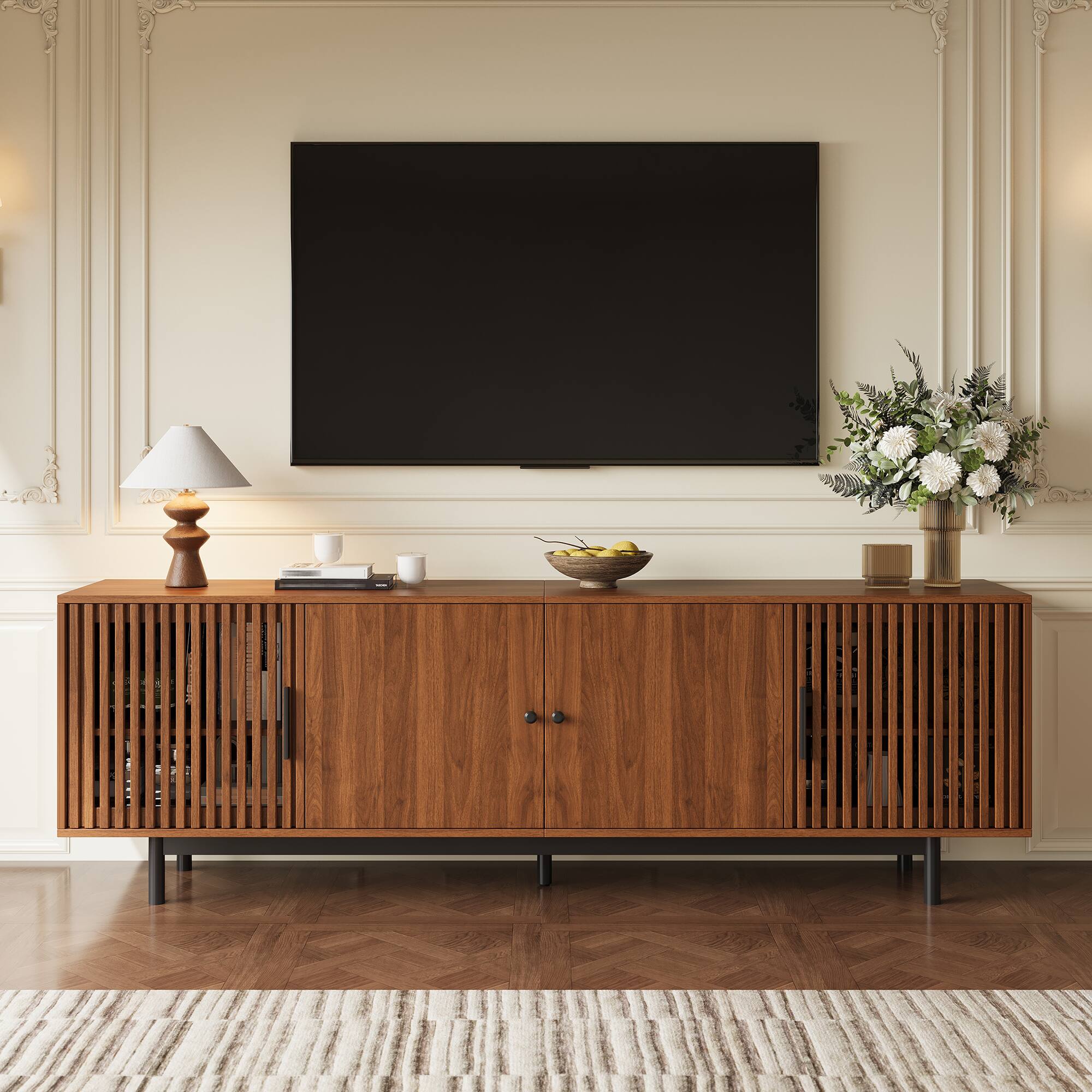 MERAVOM - Mid-Century Modern TV Stand for TVs Up to 85", Entertainment Center with 4 Doors, Adjustable Shelves for Living Room - Walnut