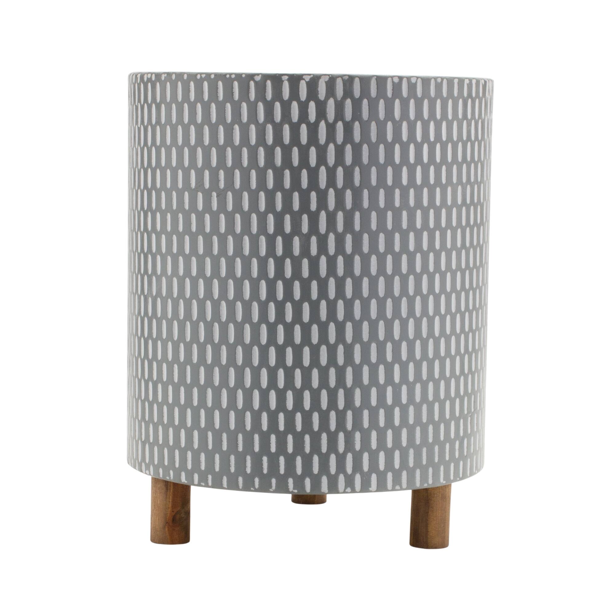 Left. BreeBe - Iron Metal Planter with Geometric Design and Wood Legs (Set of 3) - Blue, White, Grey.