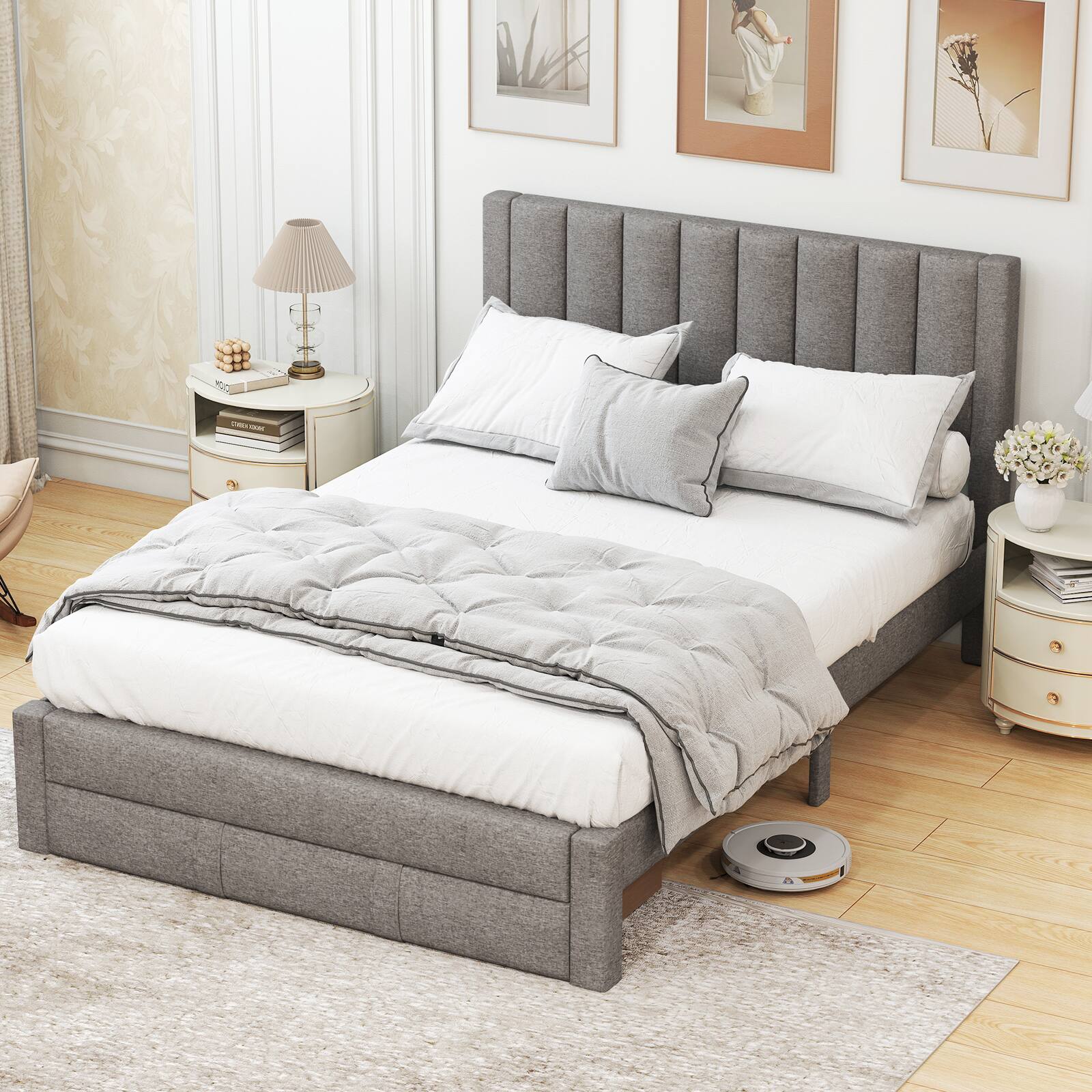 Alt View 5. Gymax - Gymax Queen Size Bed Frame w/Storage Drawer & Vertical Channel Headboard Light Gray - Gray.