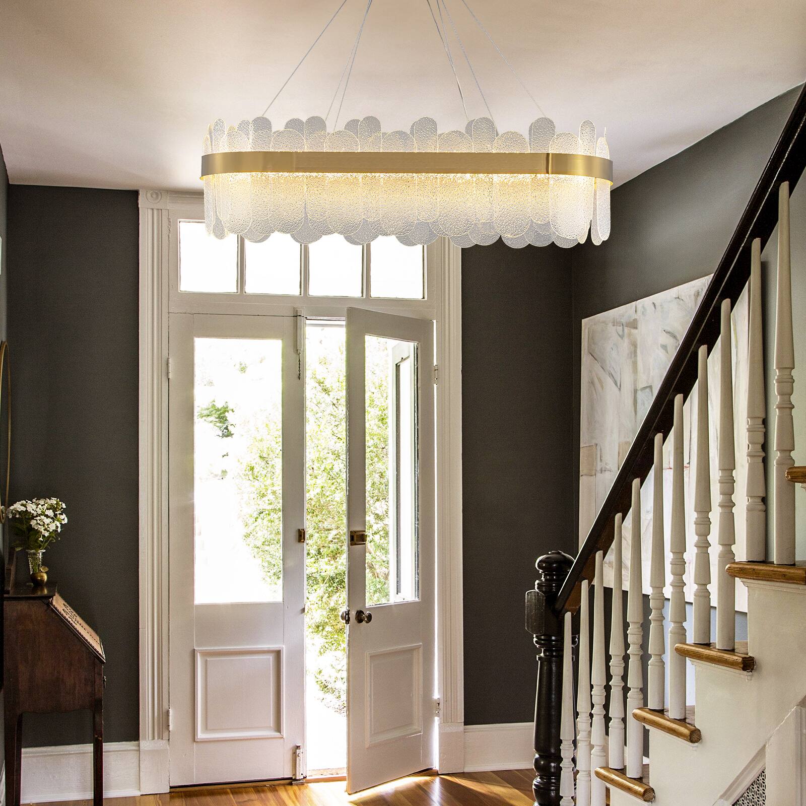Alt View 2. Siljoy - 39.4" Gold Linear Crystal Glass Chandelier, Dimmable LED Pendant Light for Dining Room Kitchen Island Living Foyer - Gold.