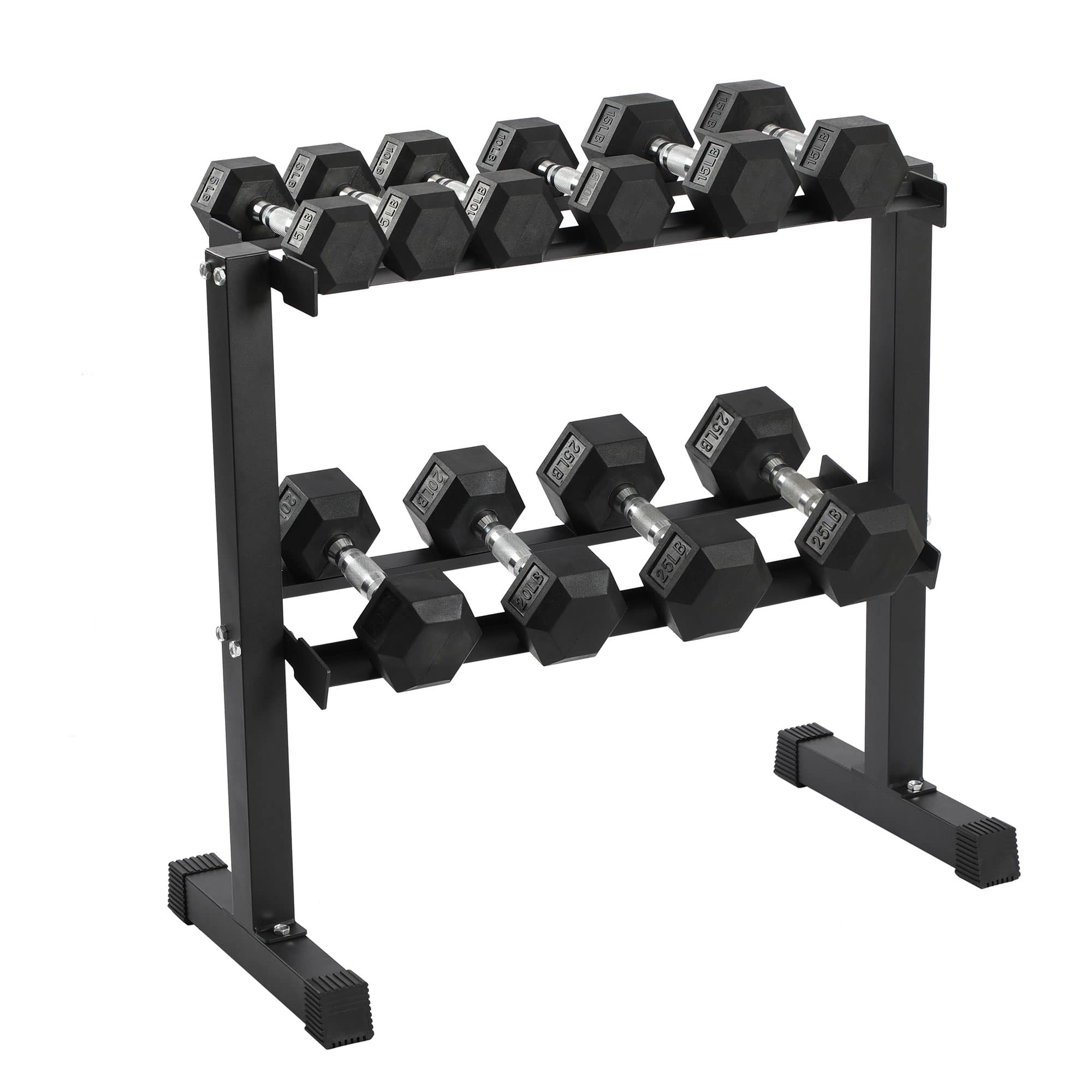 HolaHatha - 150 Pound Rubber Encased Dumbbell Strength Training Weight Set w/ Rack - Black
