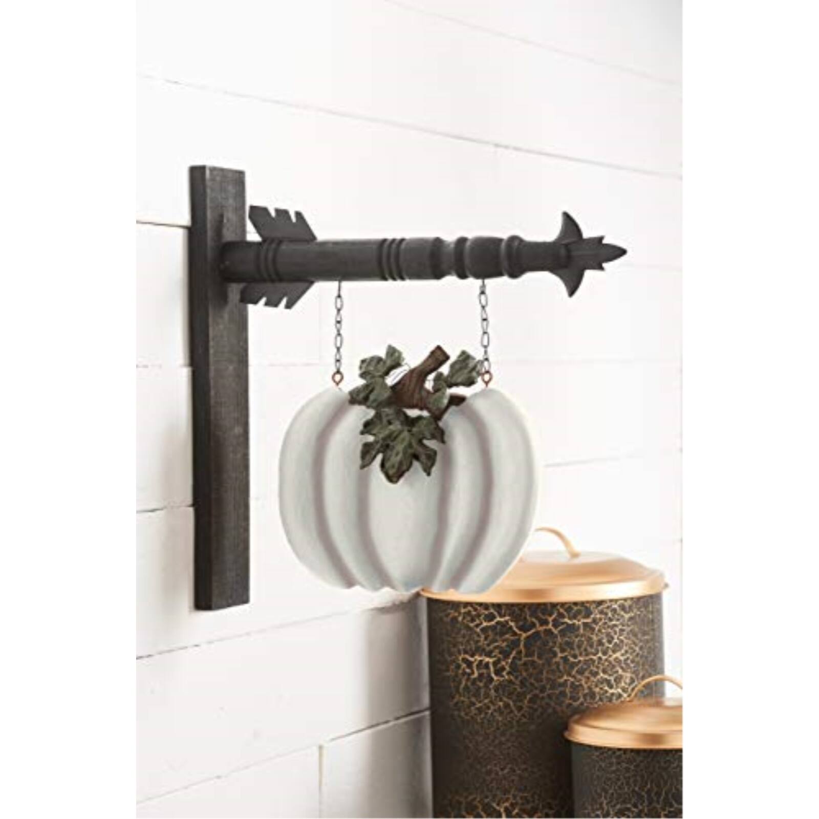 Left. K&K Interiors - K&K Interiors Resin Whitewashed Pumpkin Hanging Arrow Replacement Sign 11 inch - Arrow Sold Separately - White.