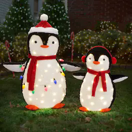 Winado - Set of 2 Christmas Plush Penguins Family with Lights String, Stakes Pull Up for Indoor Outdoor Holiday Yard Decorations - White & Black