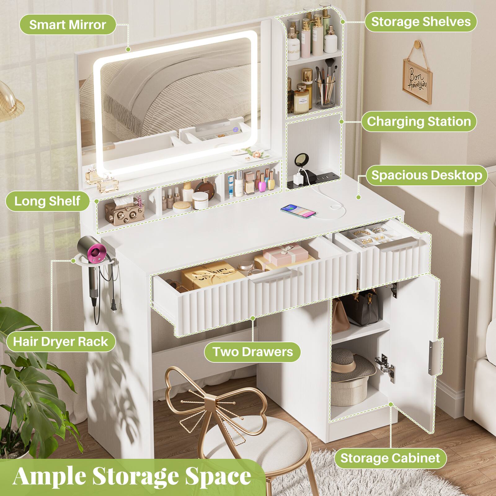 Smart Mirror Storage Shelves - Bon R H HA Charging Station Spacious Desktop Long Shelf SAAII Hair Dryer Rack Two Drawers Ample Storage Space Storage Cabinet