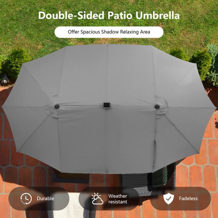 Double-Sided Patio Umbrella  
Offer Spacious Shadow Relaxing Area  
Durable  
Weather Resistant  
Fadeless