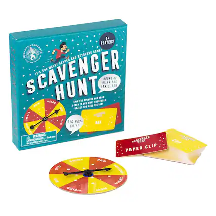 2+ PLAYERS GAME!
IT'S THE WACKY SEARCH AND RETRIEVE GAME!
SCAVENGER HUNT
SPIN THE SPINNER AND DRAW A CARD TO SEE WHAT HOUSEHOLD ITEM YOU NEED TO FIND!
HOURS OF HILARIOUS FAMILY FUN
NEW WEIRD OBJECTS
BIG HAT - GO!!!
WARNING: CHOKING HAZARD - Small parts. Not for children under 3 yrs.
SCAVENGER HUNT
PAPER CLIP
SCAVENGER HUNT
CUP