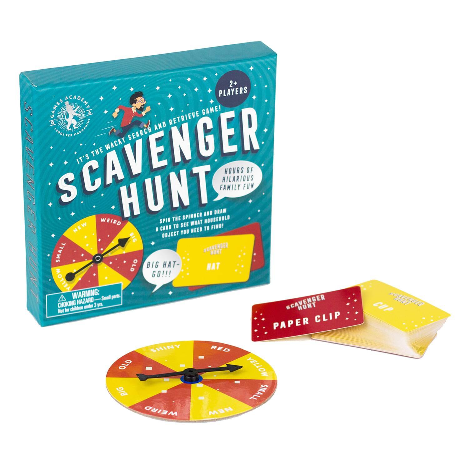 2+ PLAYERS GAME!  
IT'S THE WACKY SEARCH AND RETRIEVE GAME!  
SCAVENGER HUNT  
SPIN THE SPINNER AND DRAW A CARD TO SEE WHAT HOUSEHOLD ITEM YOU NEED TO FIND!  
HOURS OF HILARIOUS FAMILY FUN  
NEW WEIRD OBJECTS  
BIG HAT - GO!!!  
WARNING: CHOKING HAZARD - Small parts. Not for children under 3 yrs.  
SCAVENGER HUNT  
PAPER CLIP  
SCAVENGER HUNT  
CUP