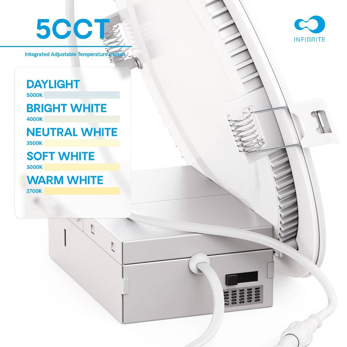 5CCT  
Integrated Adjustable Temperature Switch  

DAYLIGHT  
5000K  

BRIGHT WHITE  
4000K  

NEUTRAL WHITE  
3500K  

SOFT WHITE  
3000K  

WARM WHITE  
2700K  

INFIBRITE