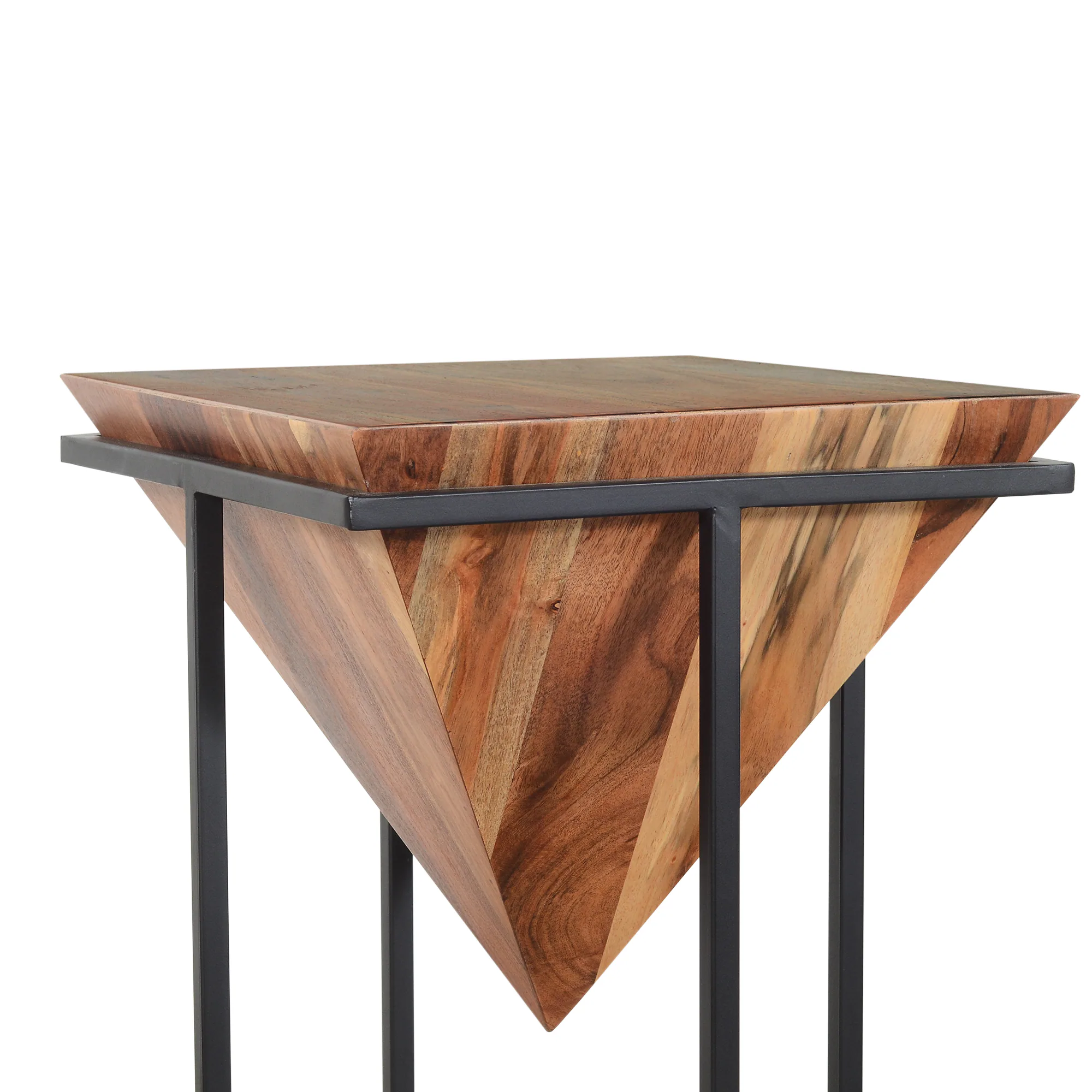 Alt View 1. Manhattan Lane - 30 Inch Pyramid Shape Acacia Wood Side Table With Cross Iron Base - Brown and Black.