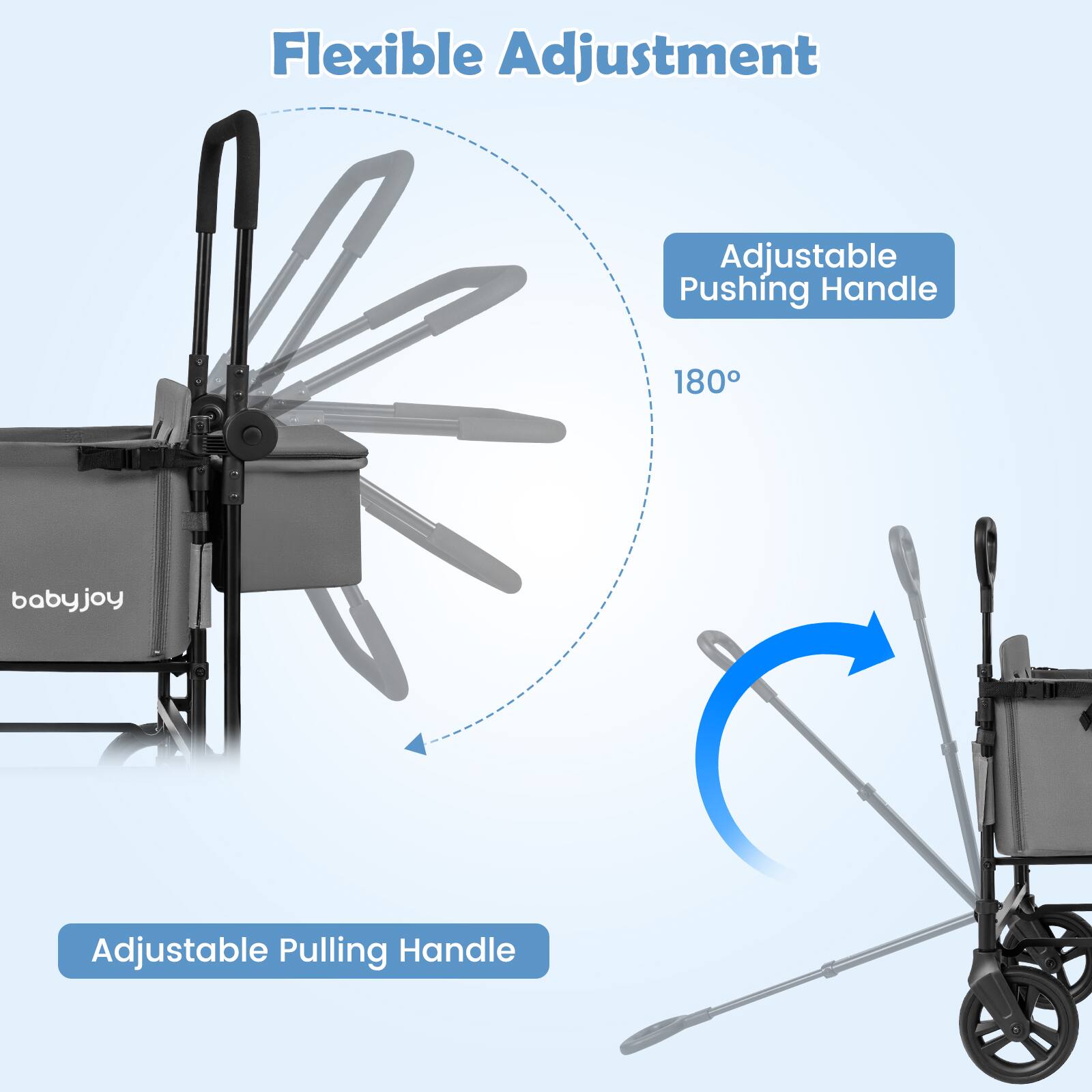 Flexible Adjustment  
Adjustable Pushing Handle  
180°  
babyjoy  
Adjustable Pulling Handle