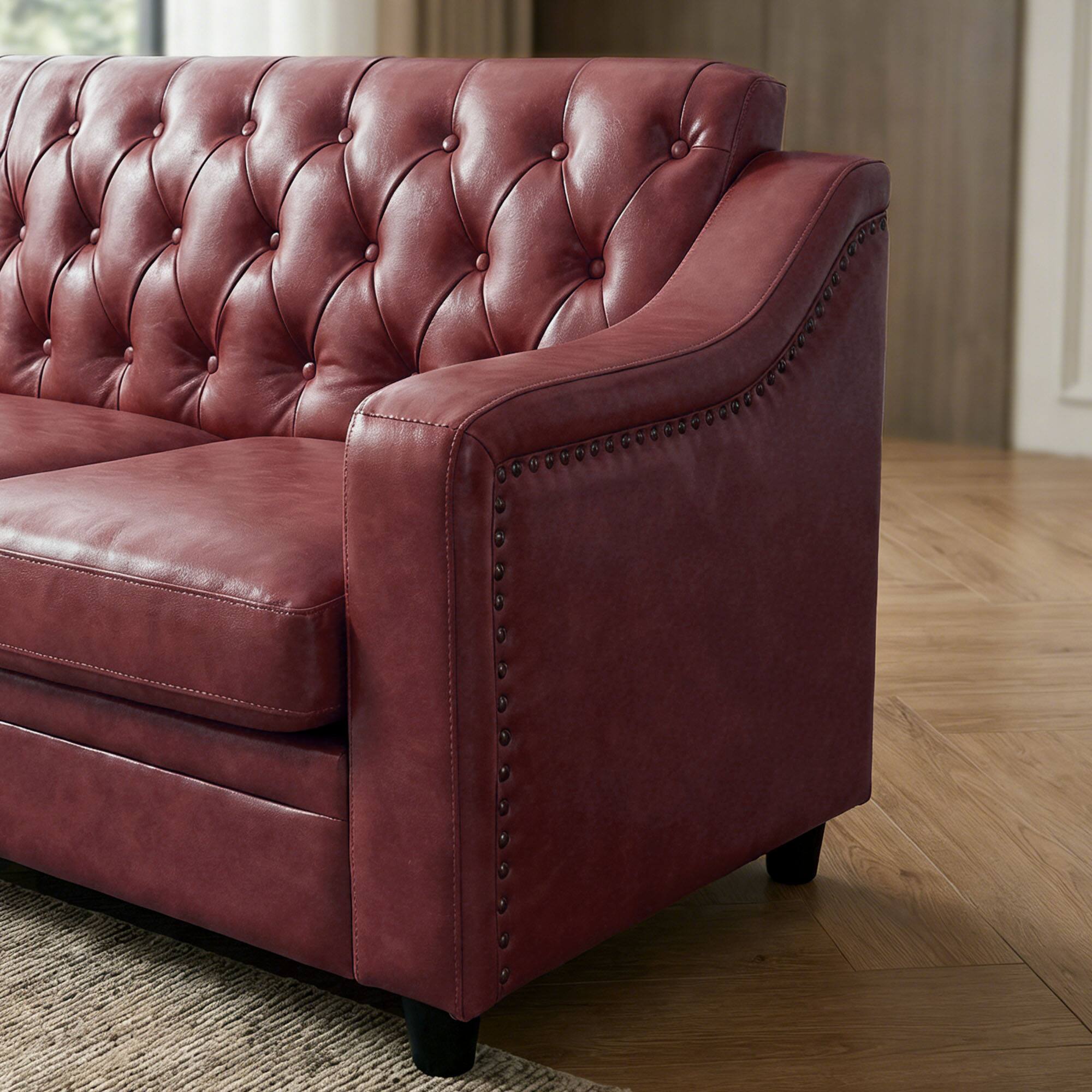 Alt View 2. Dyonery - 78.7" Three Seater Sofa, Chesterfield Sofa, Mid-Century Modern PU Upholstered, Deep Button TuftedRoom Sofa，Wine Red - Wine Red.