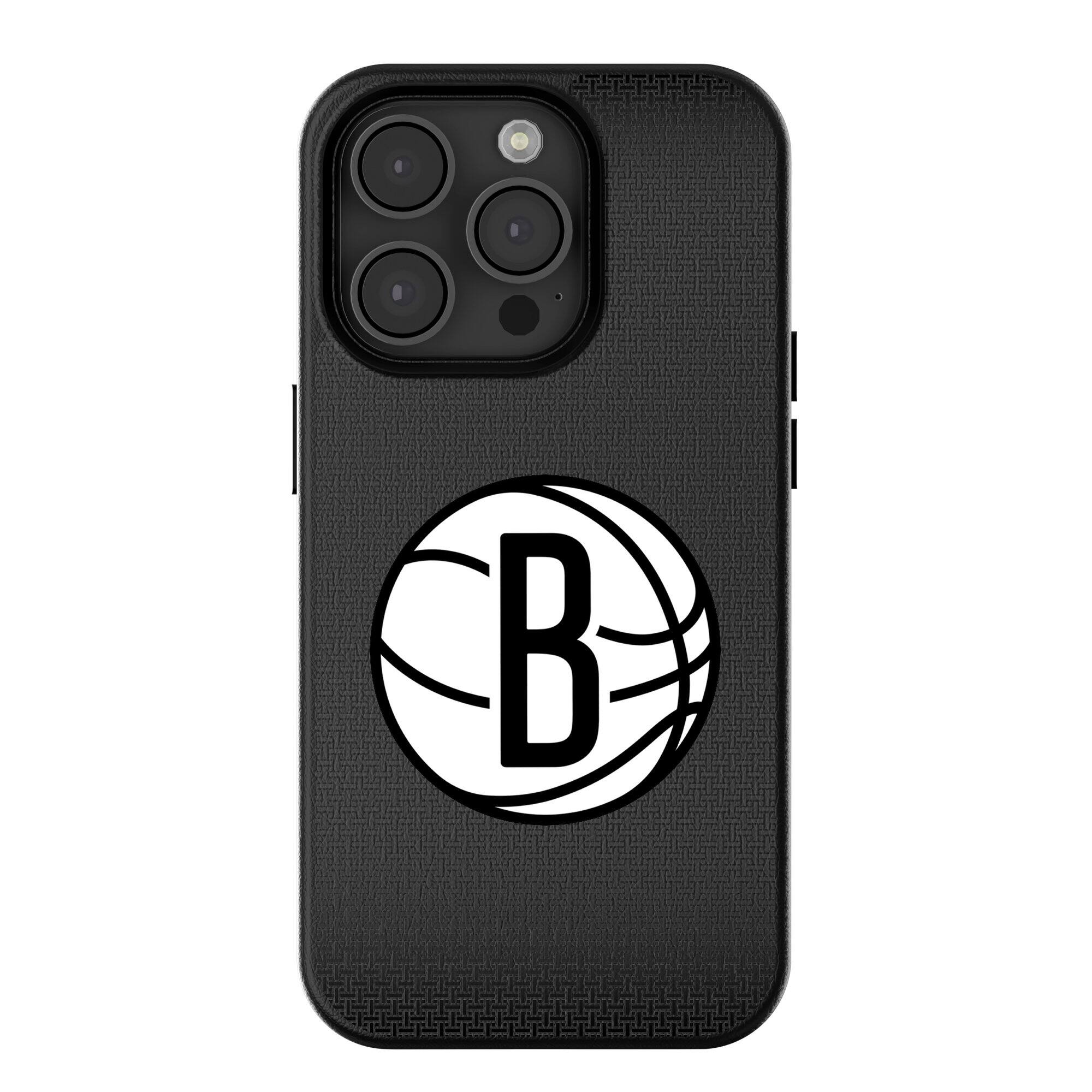Front. Keyscaper - Brooklyn Nets Linen Logo iPhone Magnetic Bump Case - 16 Plus - Black.