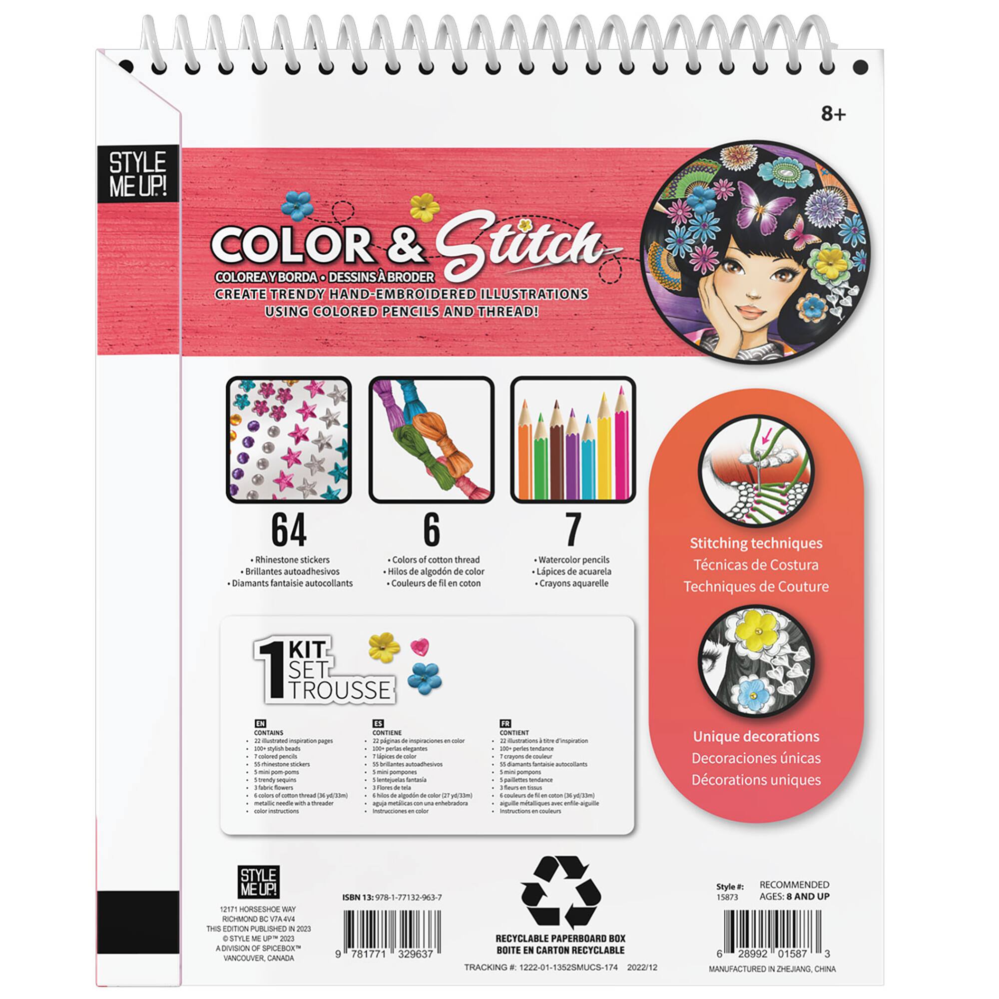 Style Me Up! Color & Stitch Kit: Create Trendy Hand-Embroidered Illustrations Using Colored Pencils and Thread!

This kit contains 64 Thinestone stickers, 6 colors of cotton thread, 7 watercolor pencils, and a booklet with stitching techniques. The kit is recommended for ages 15 and up and is made from recyclable paperboard. The kit is manufactured in Canada.