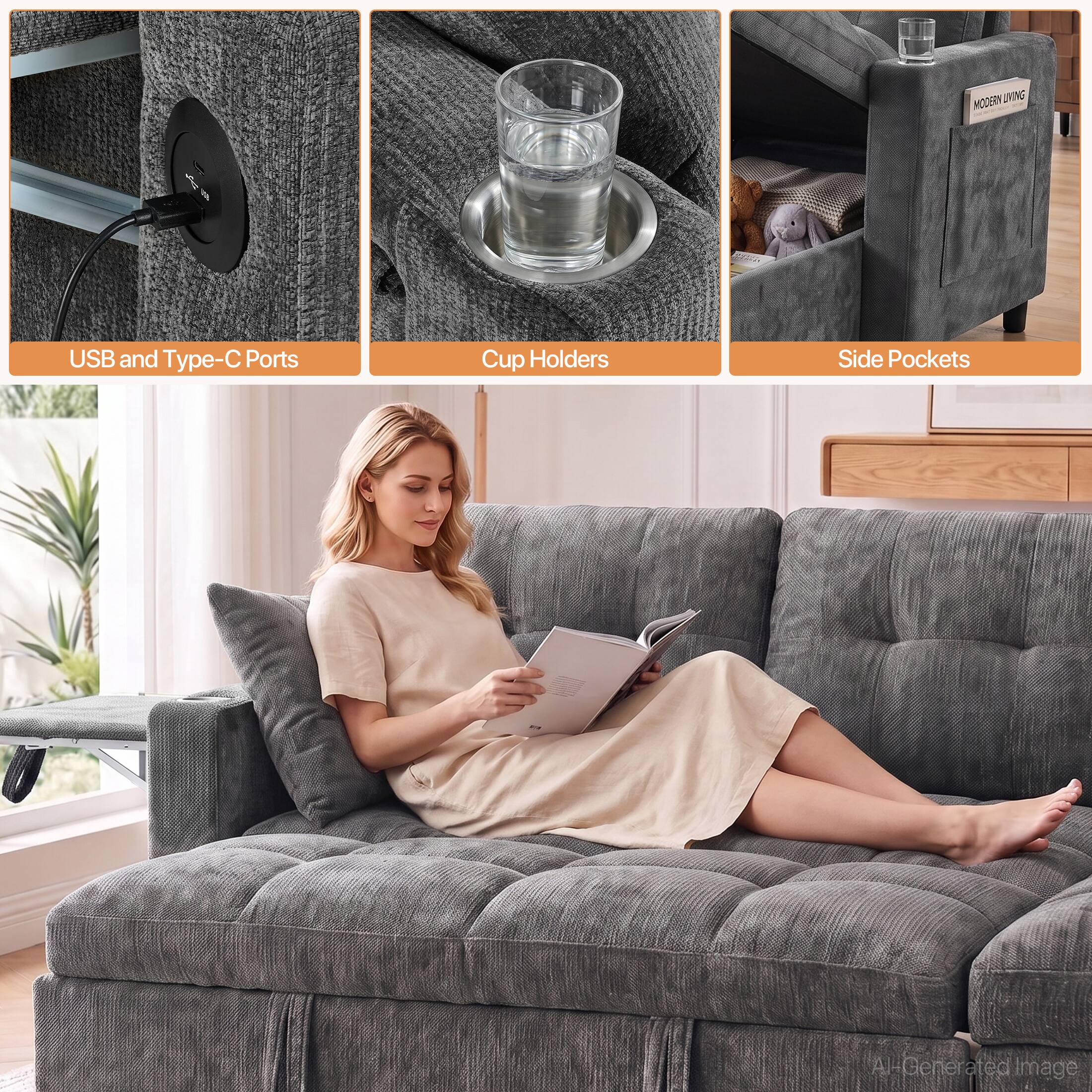 MODERN LIVING USB and Type-C Ports Cup Holders Side Pockets AI-Generated Image
