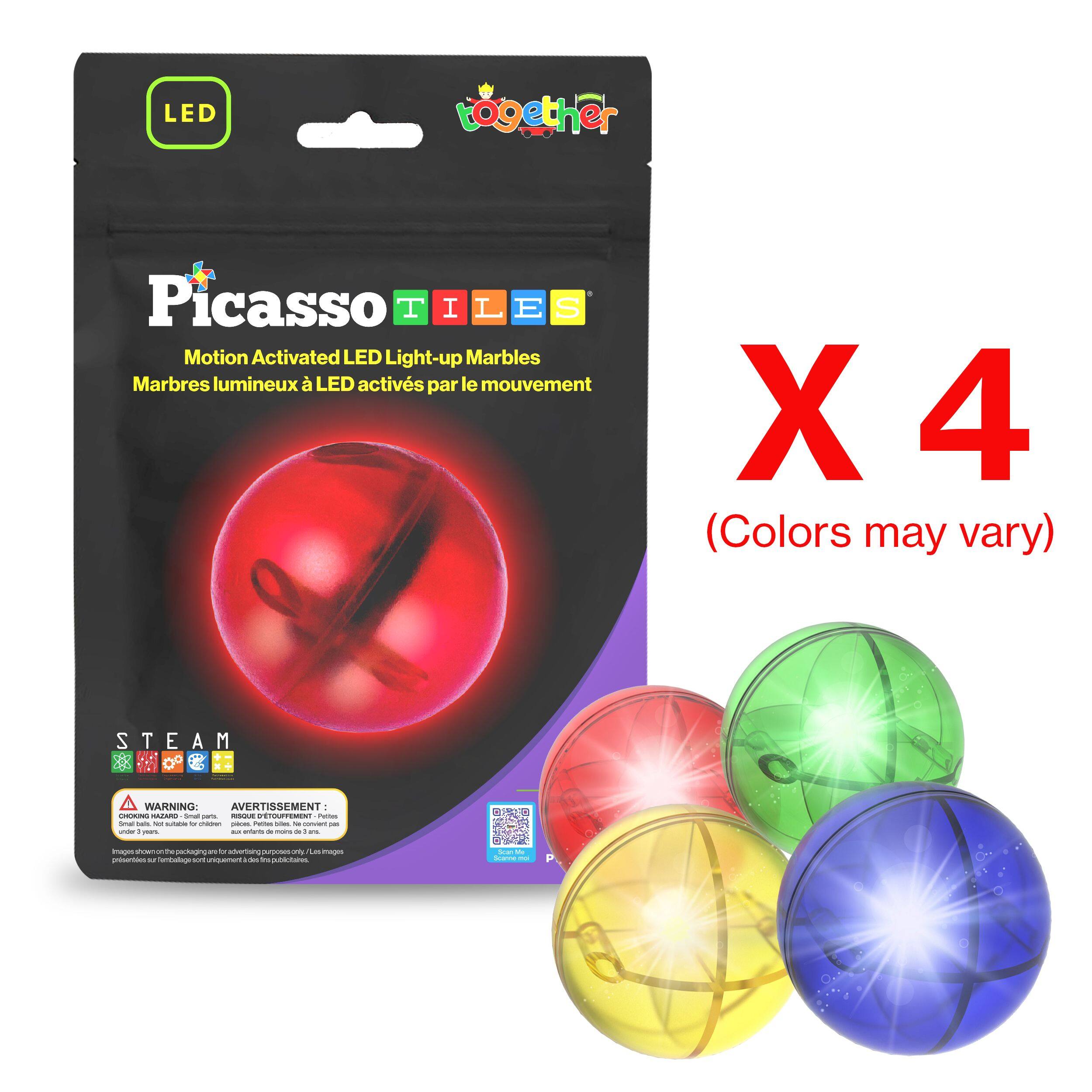LED together Picasso T I L E S Motion Activated LED Light-up Marbles Marbres lumineux LED activés par le mouvement X4 4 (Colors may vary) STEAM GLA WARNING AVERTISSEMENT - Small parts. Not suitable for children under 3 years. - Petits pièces. Ne convient pas aux enfants de moins de 3 ans.