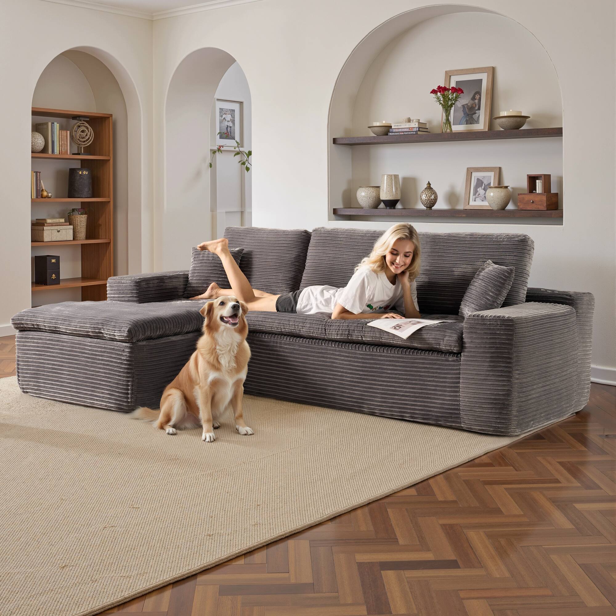 Alt View 2. Ovios - 2 Pieces Cloud Like Sectional Sofa, L-Shaped Couch with Chaise for Living Room - Grey(Corduroy, Left Facing).