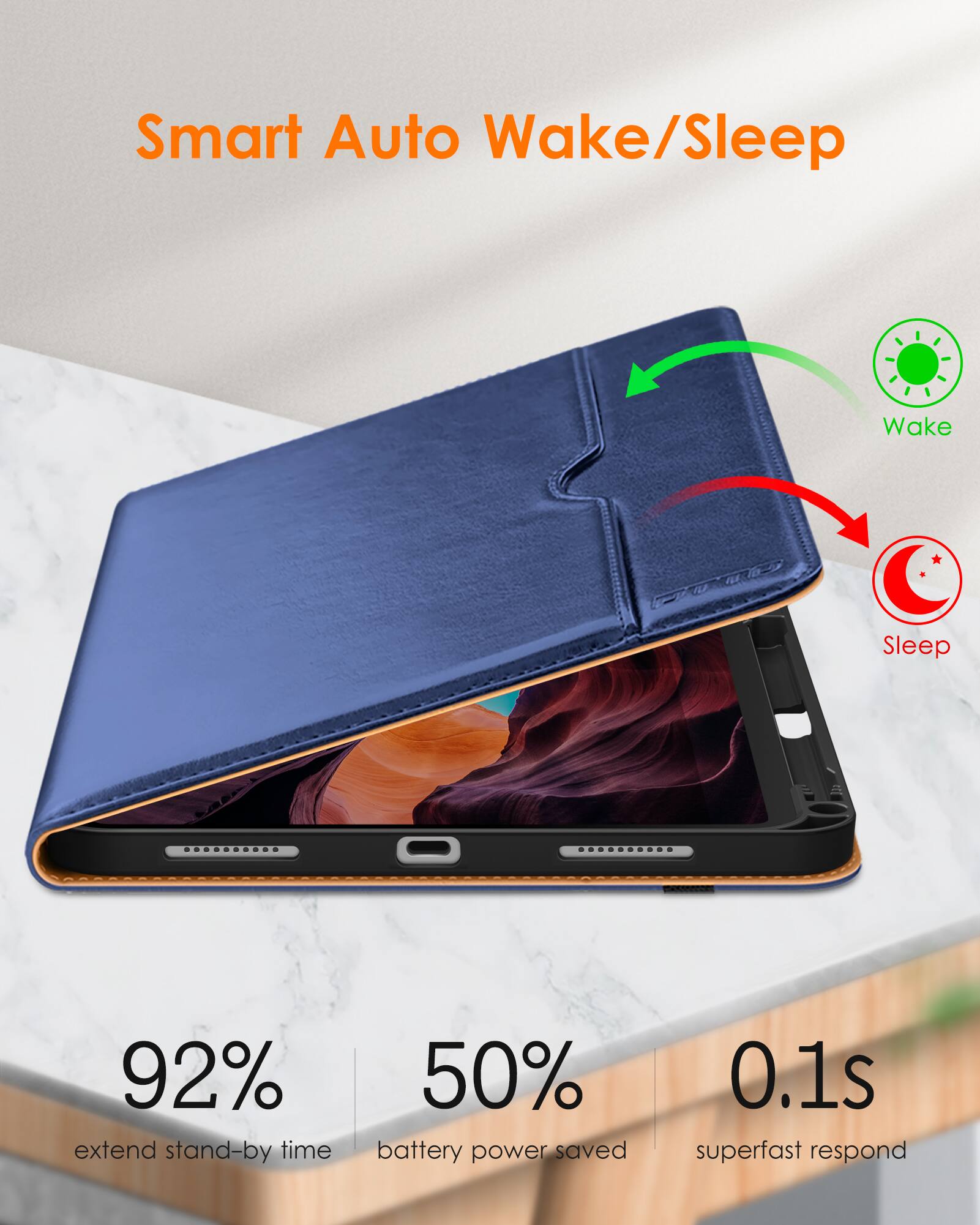 Smart Auto Wake/Sleep

- 92% extend stand-by time
- 50% battery power saved
- 0.1s superfast respond

Wake
Sleep