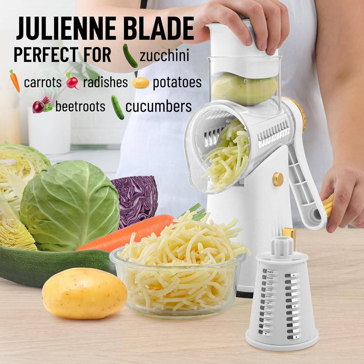 JULIENNE BLADE  
PERFECT FOR  
- zucchini  
- carrots  
- radishes  
- potatoes  
- beetroots  
- cucumbers