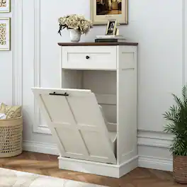 Espafurni - Double 13-Gallon Trash Can Cabinet, Farmhouse Tilt-Out Garbage Bin with Drawers & Laundry Hamper