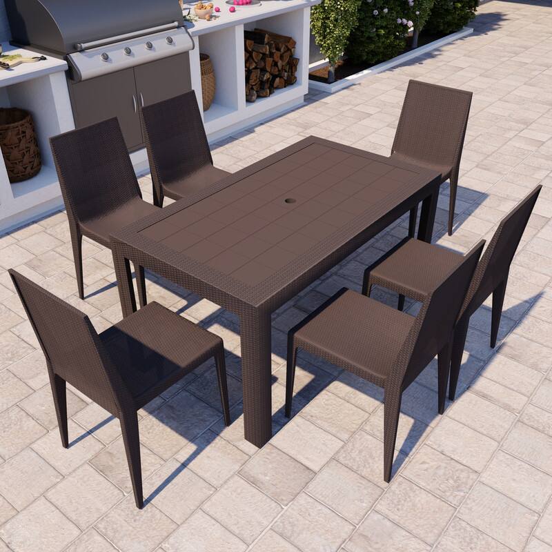 Angle. LeisureMod - Mace Weave Design 55Inch Outdoor Dining Table, Weather-Resistant Patio Accent Table, Modern Backyard Furniture - Brown.
