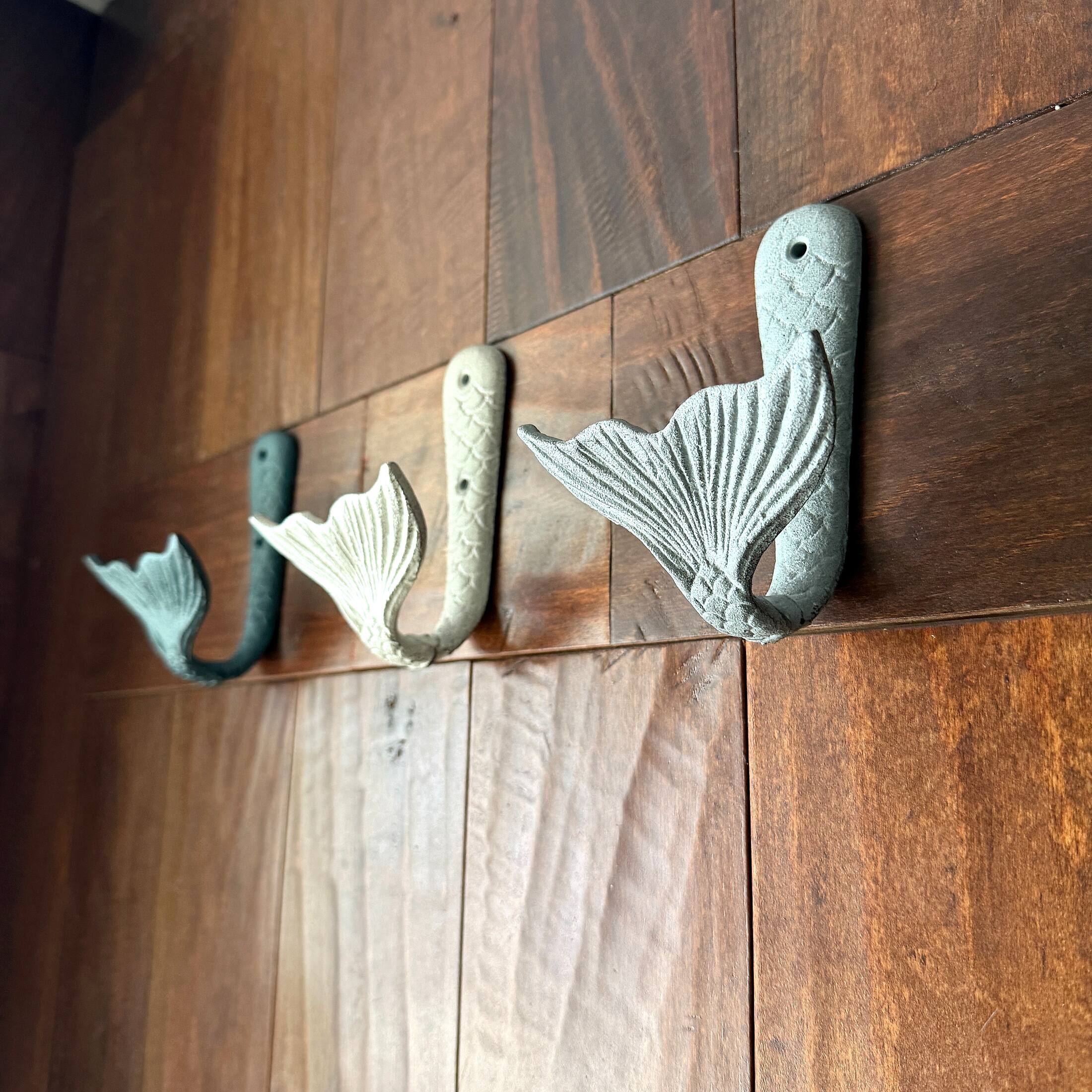 Alt View 5. Zeckos - Set of 3 Cast Iron Mermaid Tail Wall Hooks Distressed Blue Gray White 5 Inch - Multicolored.