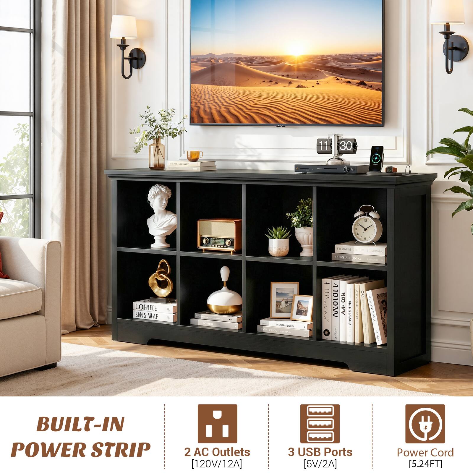 11:30 - - T - - 1 - 1 1 - - + - OA URITIAN oNr LOFIEEE SENS WAE 1 PNIENS : 1010MV CON L AM i 10PIm : O ween wwwne BUILT-IN POWER STRIP 2 AC Outlets [120V/12A] 3 USB Ports [5V/2A] Power Cord [5.24FT]