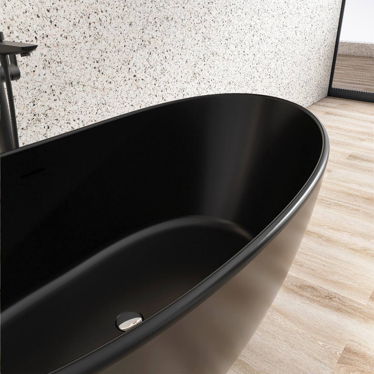 Left. Loheer - Loheer 61 in Freestanding Solid Surface Soaking Bathtub, Matte Black Oval Tub with Center Drain - Black.
