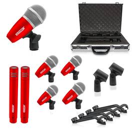 5 CORE - Drum Mic Kit 7 Pcs Kick Bass Tom Snare Dynamic Microphone Instrument Mics Set - Red