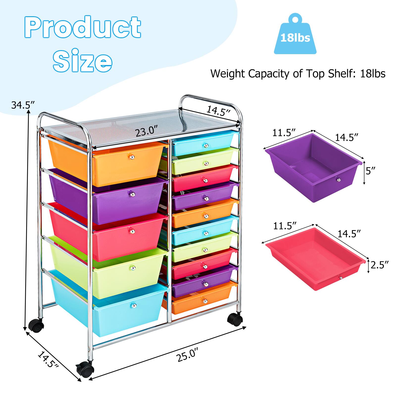 Product Size  
Weight Capacity of Top Shelf: 18lbs  
34.5" x 23.0" x 14.5" x 11.5" x 14.5" x 5" x 11.5" x 14.5" x 2.5" x 14.5" x 25.0"