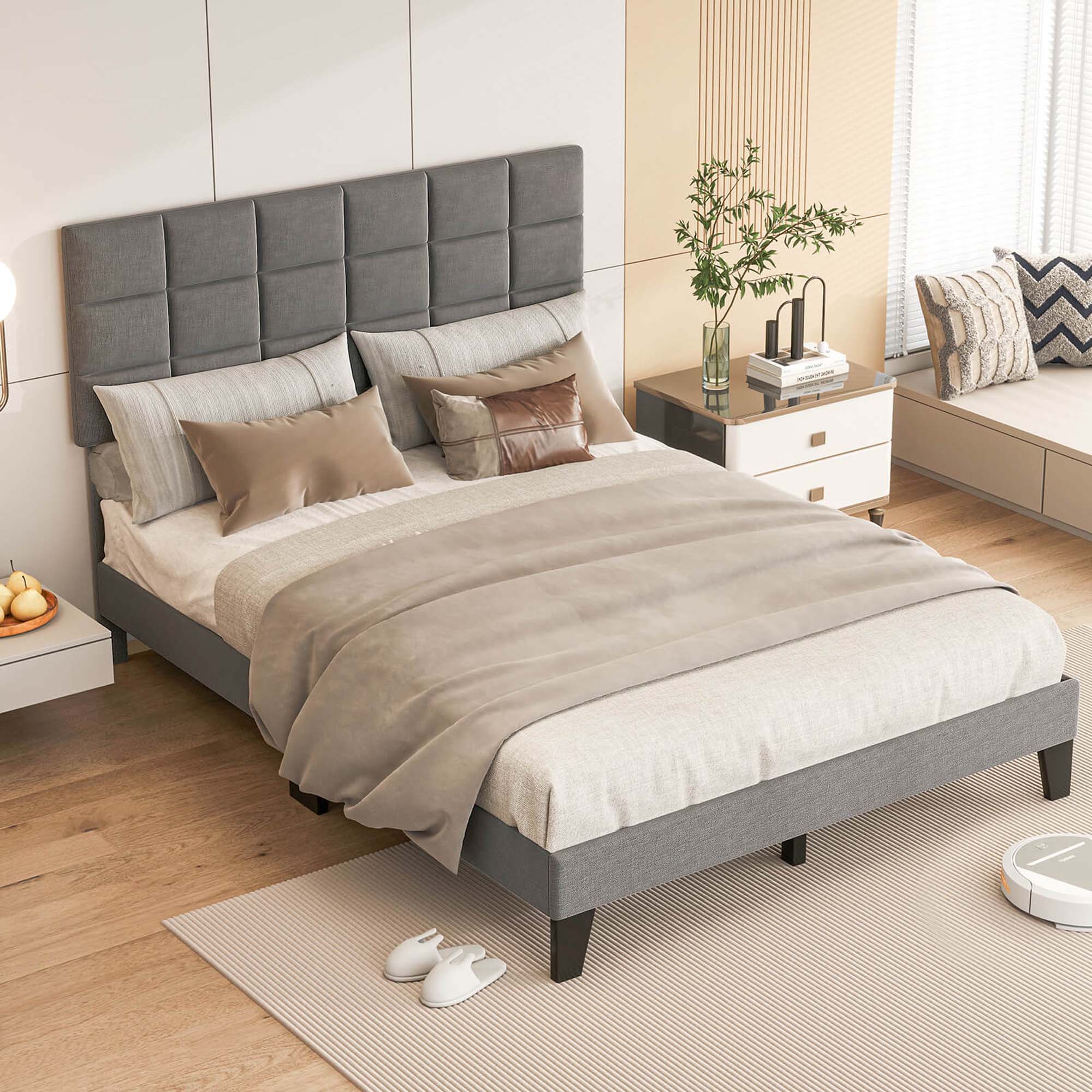 Alt View 1. Costway - Queen Size Bed Frame Modern Linen Fabric Upholstered Platform Bed with Headboard - Gray.