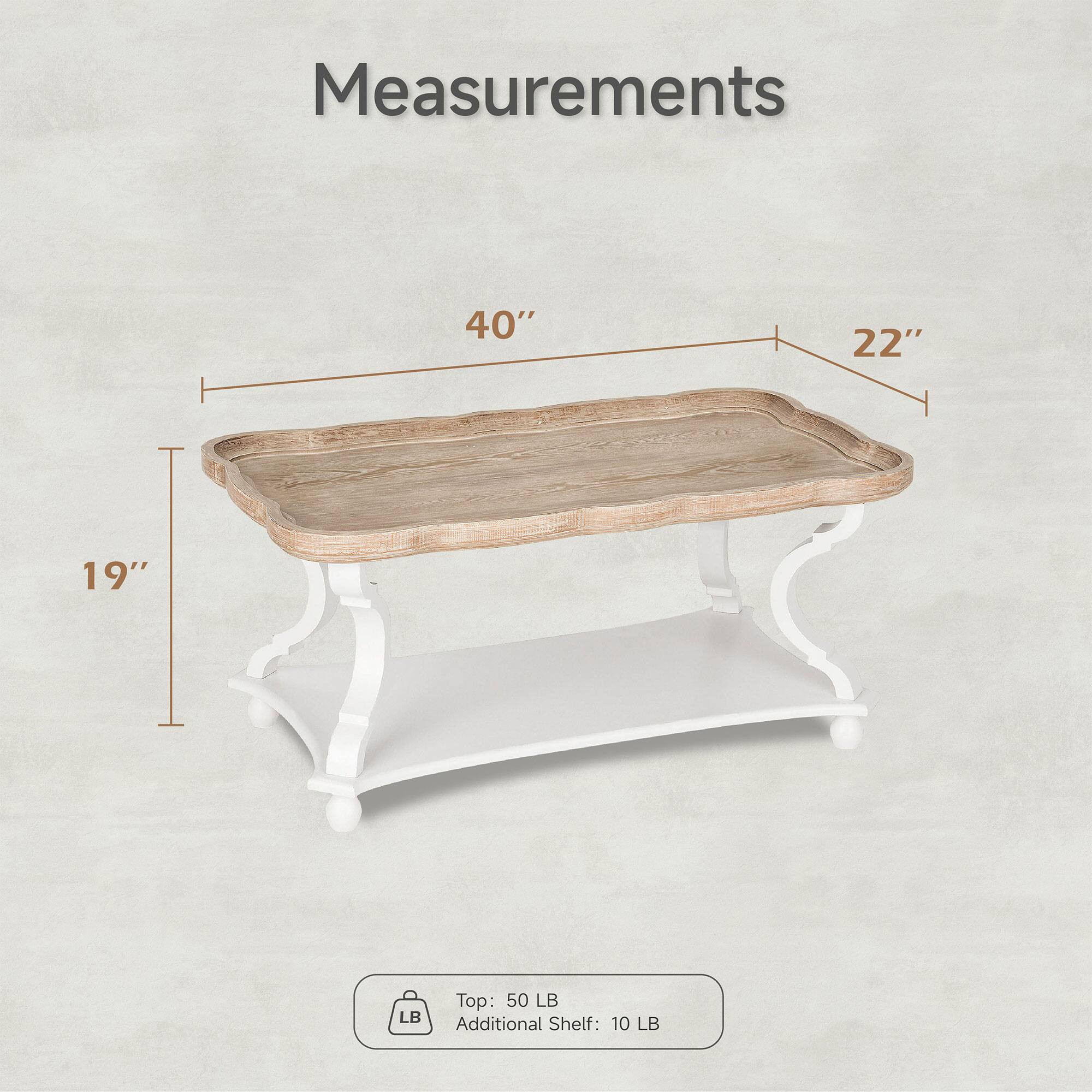 Measurements:  
- Length: 40"  
- Width: 22"  
- Height: 19"  

Weight Capacity:  
- Top: 50 LB  
- Additional Shelf: 10 LB