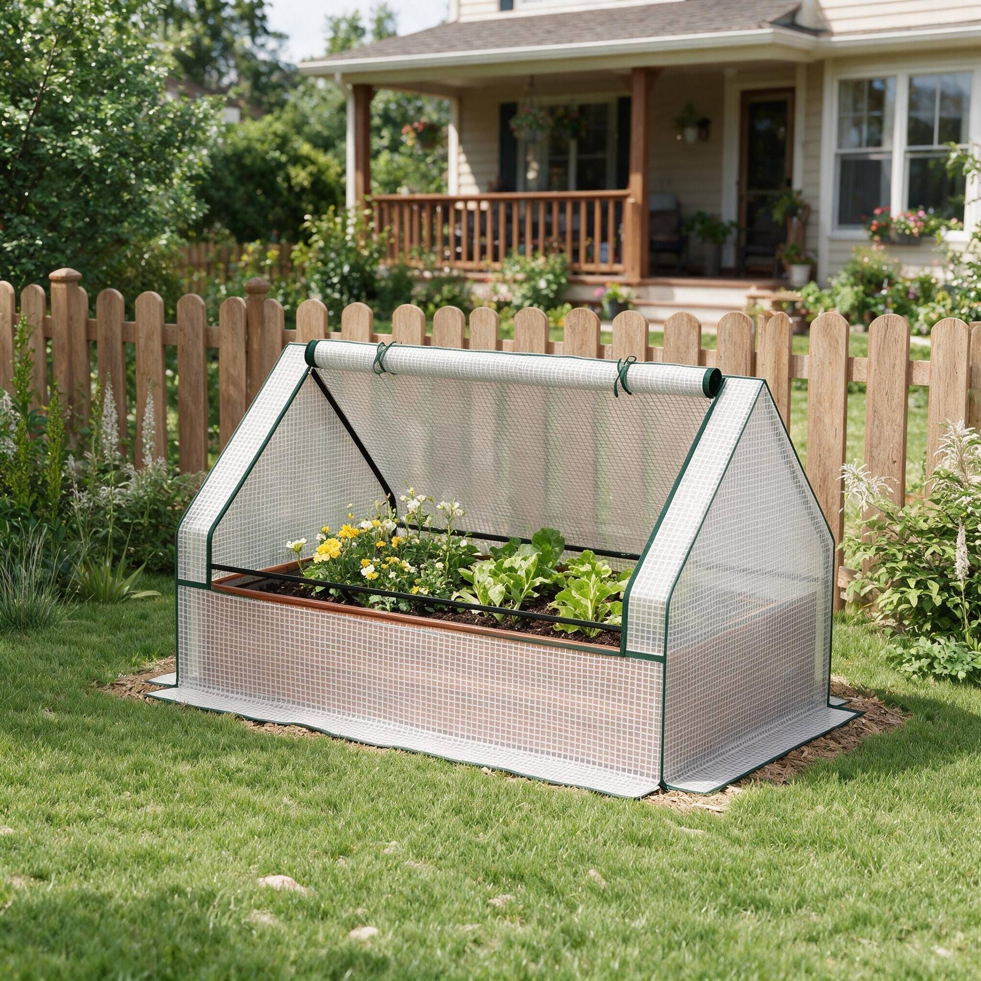 Angle. RYHNUYNE - Outsunny Raised Garden Bed with Mini Greenhouse, Galvanized Steel Planter Box with White Cover for Vegetables - White.