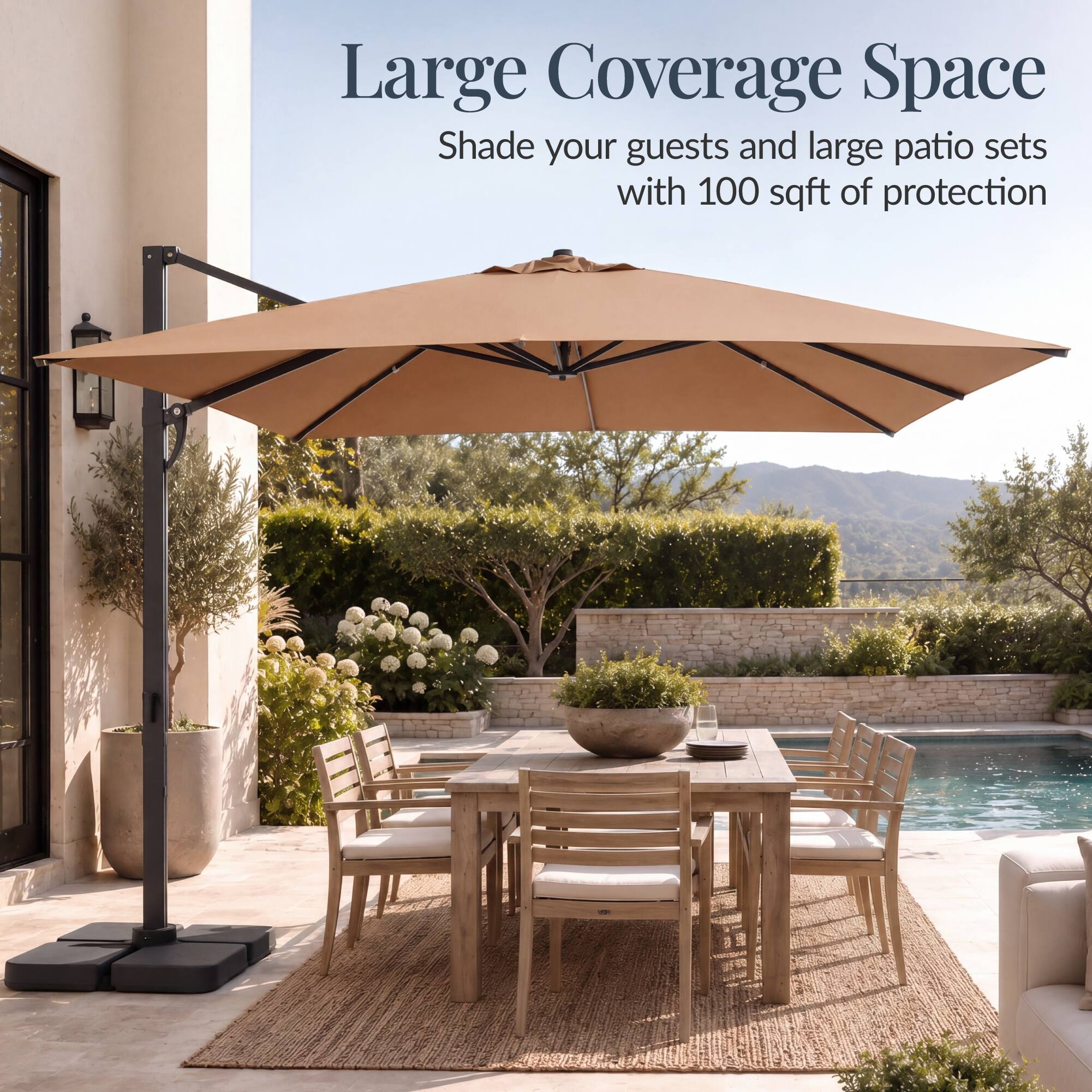 Large Coverage Space  
Shade your guests and large patio sets with 100 sqft of protection