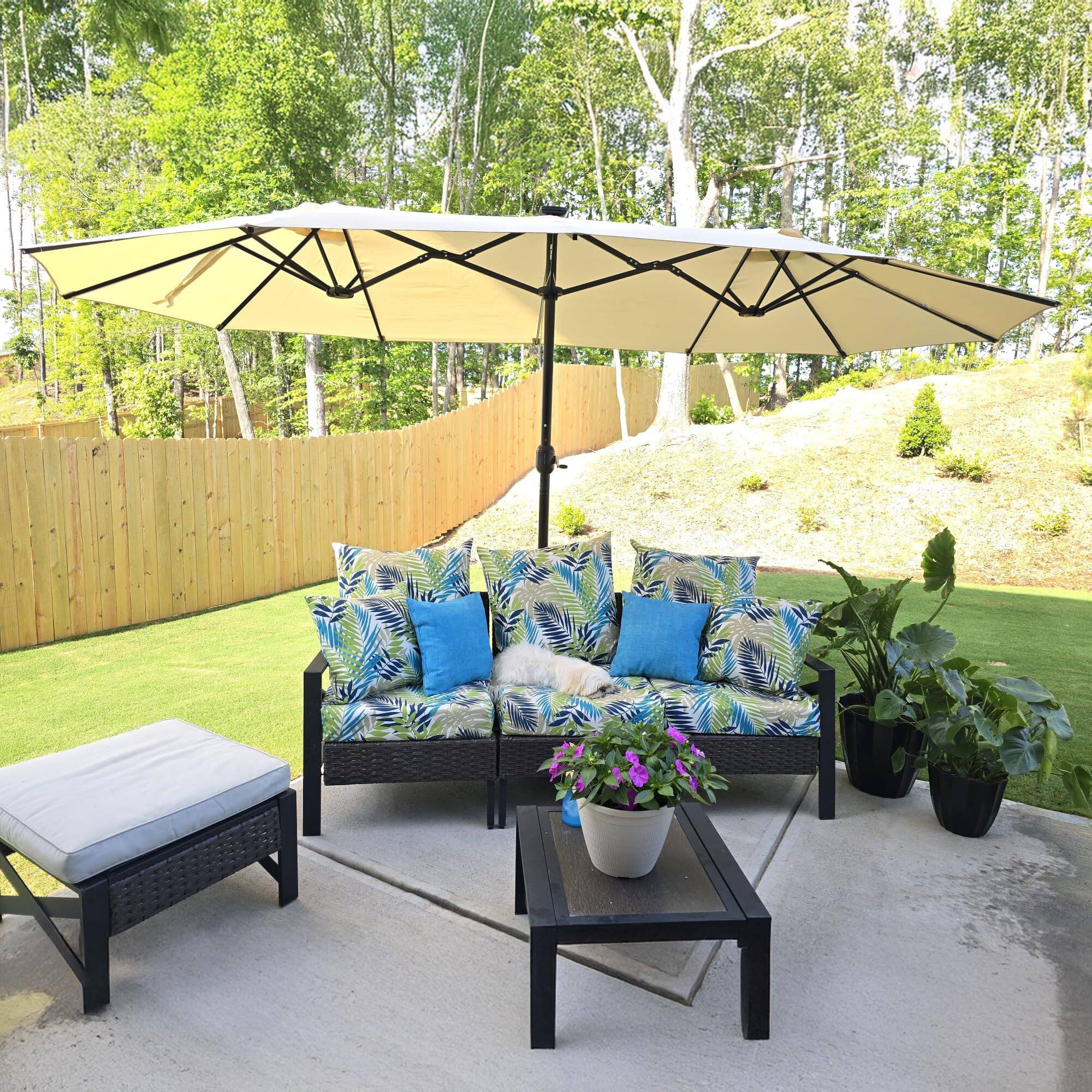 Alt View 1. PURPLE LEAF - 14 ft. Patio Market Umbrella with Base Double-Sided Outdoor Table Sun Umbrellas with Crank for Pool Beach Deck Backyard - Beige.