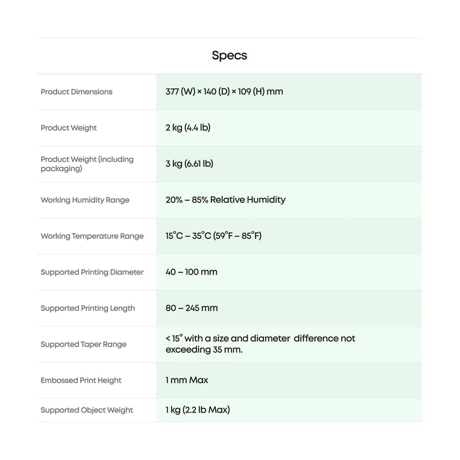 Specs

- Product Dimensions: 377 (W) x 140 (D) x 109 (H) mm
- Product Weight: 2 kg (4.4 lb)
- Product Weight (including packaging): 3 kg (6.61 lb)
- Working Humidity Range: 20% - 85% Relative Humidity
- Working Temperature Range: 15°C - 35°C (59°F - 85°F)
- Supported Printing Diameter: 40 - 100 mm
- Supported Printing Length: 80 - 245 mm
- Supported Taper Range: <15° with a size and diameter difference not exceeding 35 mm.
- Embossed Print Height: 1 mm Max
- Supported Object Weight: 1 kg (2.2 lb Max)