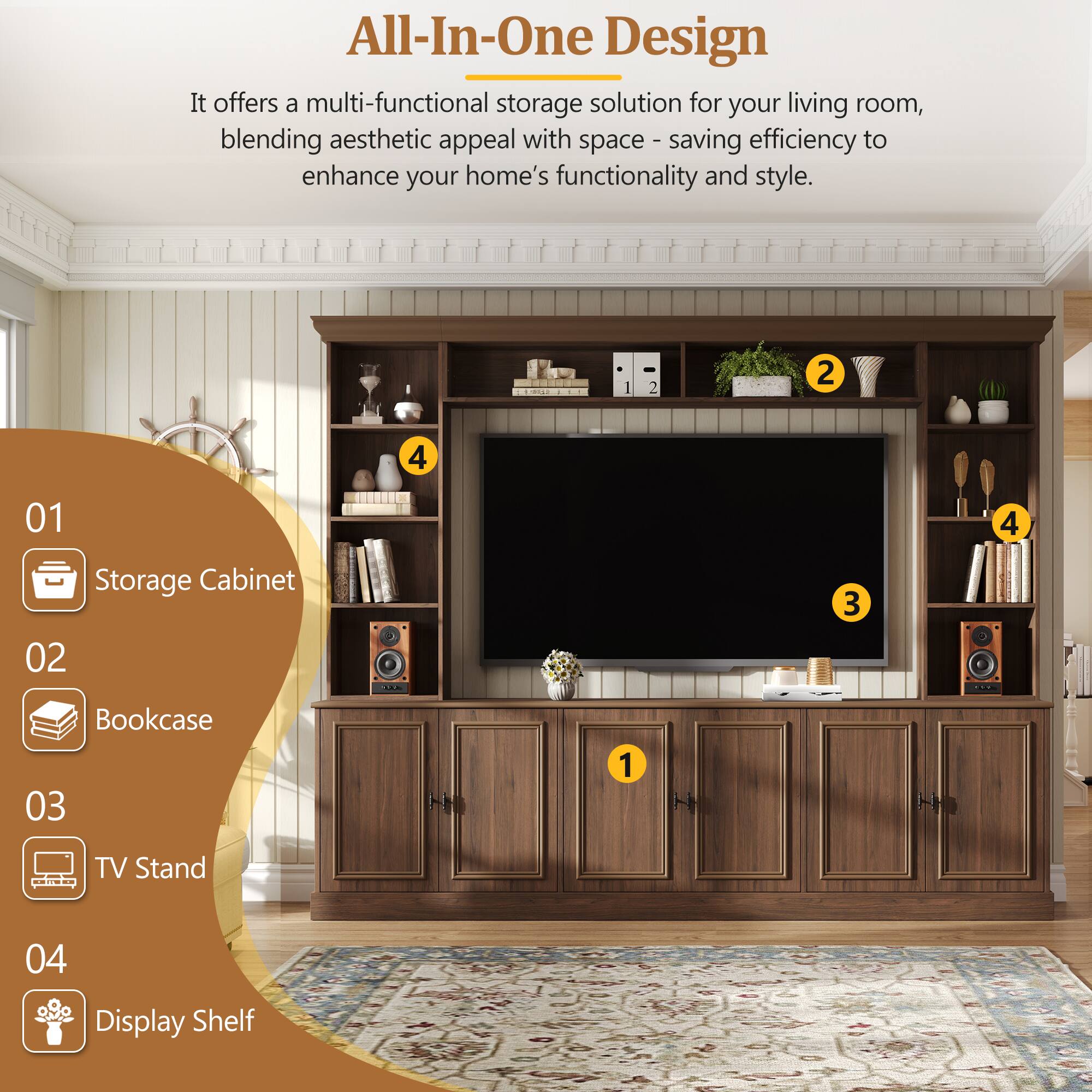 All-In-One Design

It offers a multi-functional storage solution for your living room, blending aesthetic appeal with space-saving efficiency to enhance your home's functionality and style.

01 Storage Cabinet
02 Bookcase
03 TV Stand
04 Display Shelf