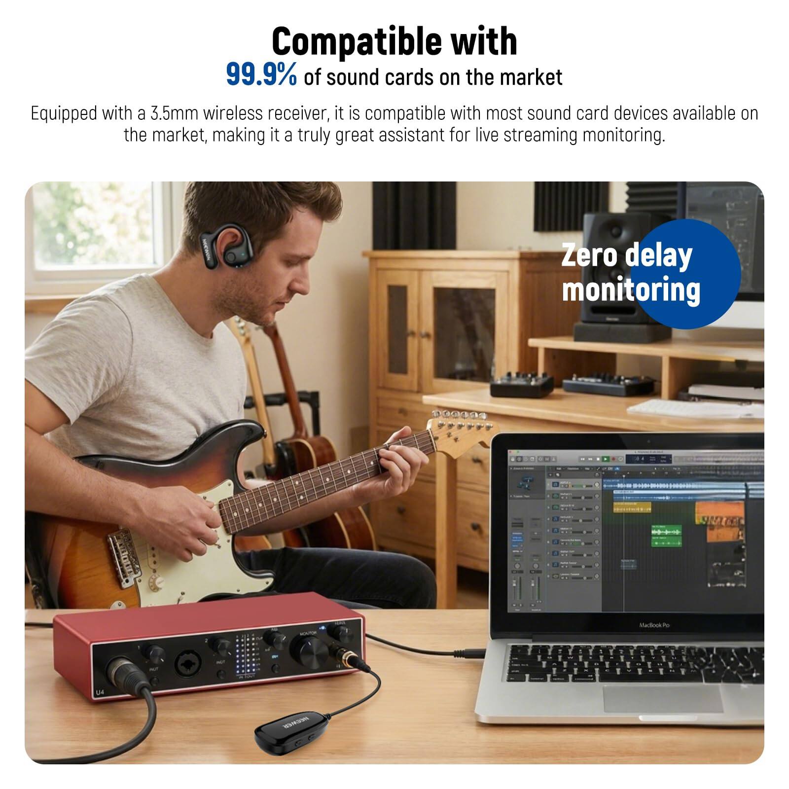 Compatible with 99.9% of sound cards on the market. Equipped with a 3.5mm wireless receiver, it is compatible with most sound card devices available on the market, making it a truly great assistant for live streaming monitoring. Zero delay monitoring.