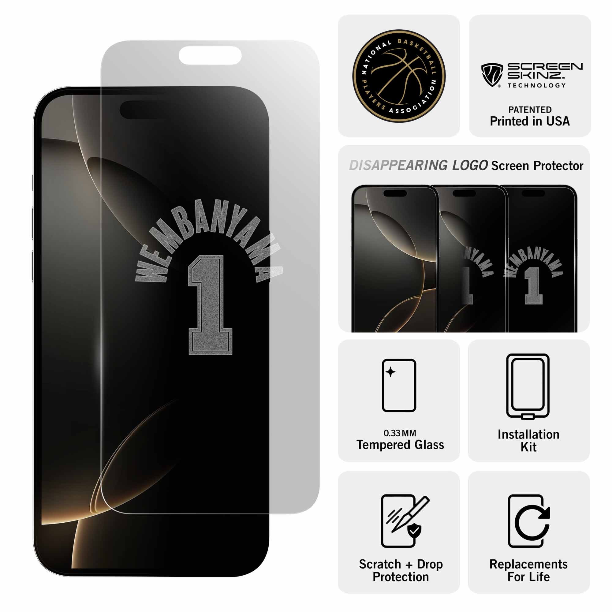 NATIONAL BASKETBALL PLAYERS ASSOCIATION SCREEN SKINZ. TECHNOLOGY PATENTED Printed in USA DISAPPEARING LOGO Screen Protector SNBMNIAGS AYAMA SNABANMAE 1 1 0.33MM Tempered Glass Installation Kit Scratch + Drop Protection C Replacements For Life