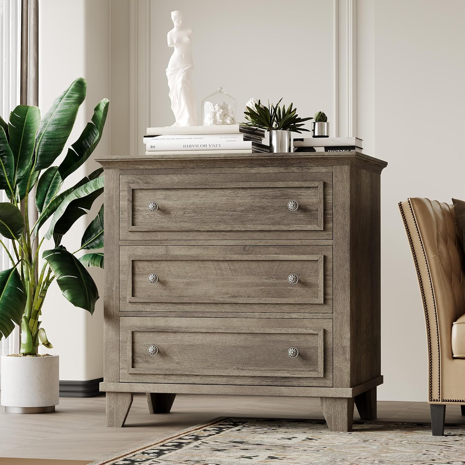 Electrodes Masters - 3-Drawer Dresser, Wide Wood Chest with Vintage Handles, Modern Storage Cabinet for Bedroom or Living Room - Gray