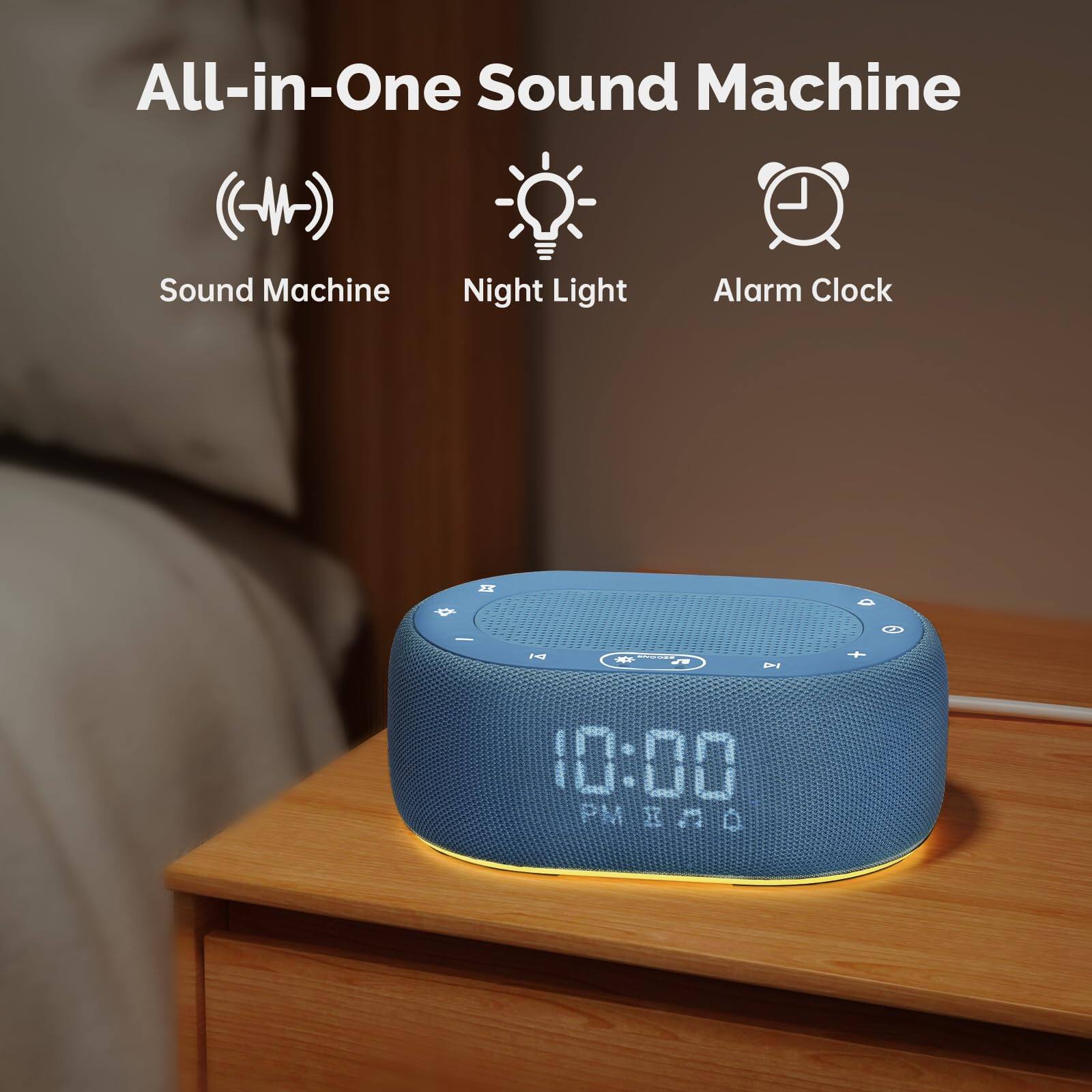 All-in-One Sound Machine

- Sound Machine
- Night Light
- Alarm Clock

10:00 PM