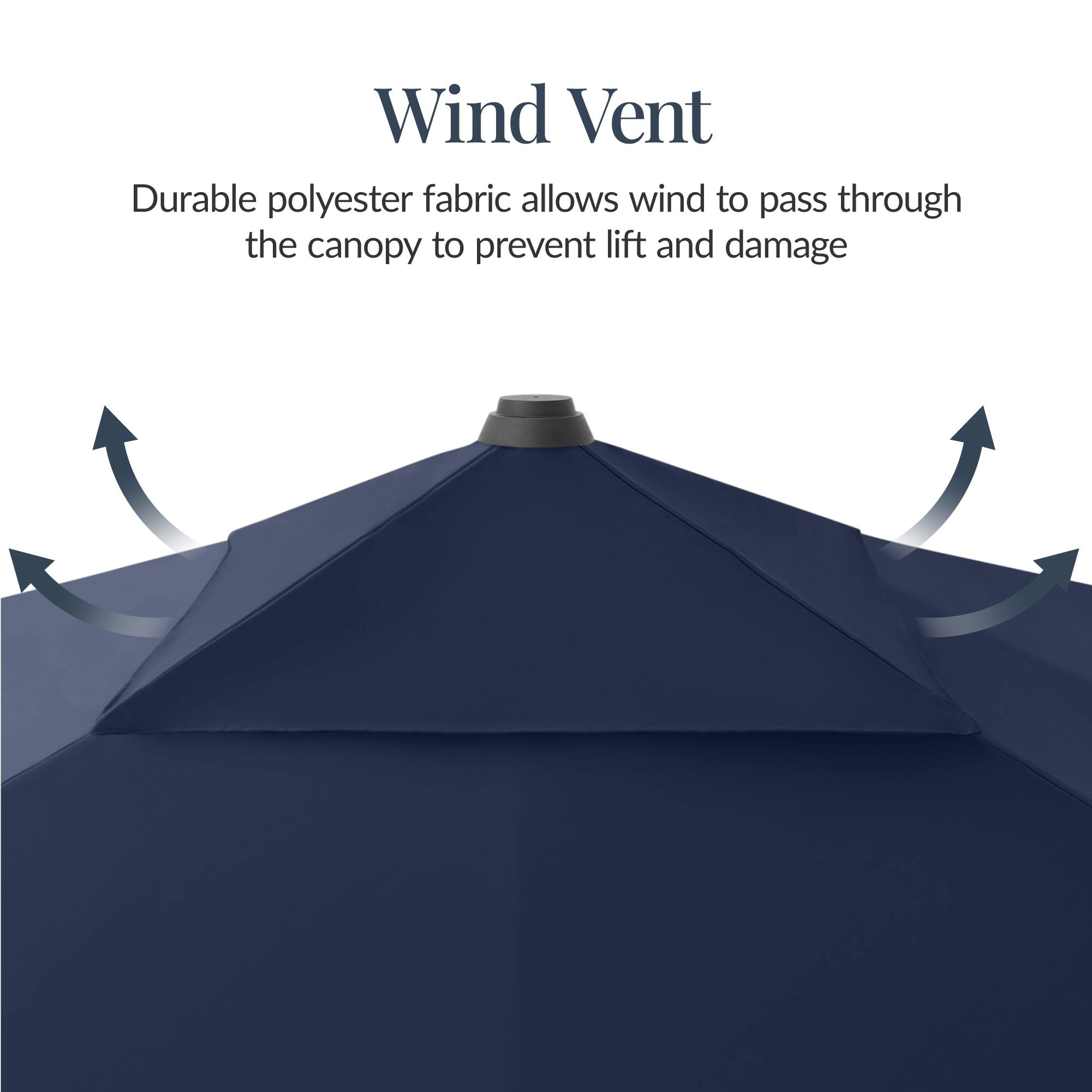 Wind Vent  
Durable polyester fabric allows wind to pass through the canopy to prevent lift and damage