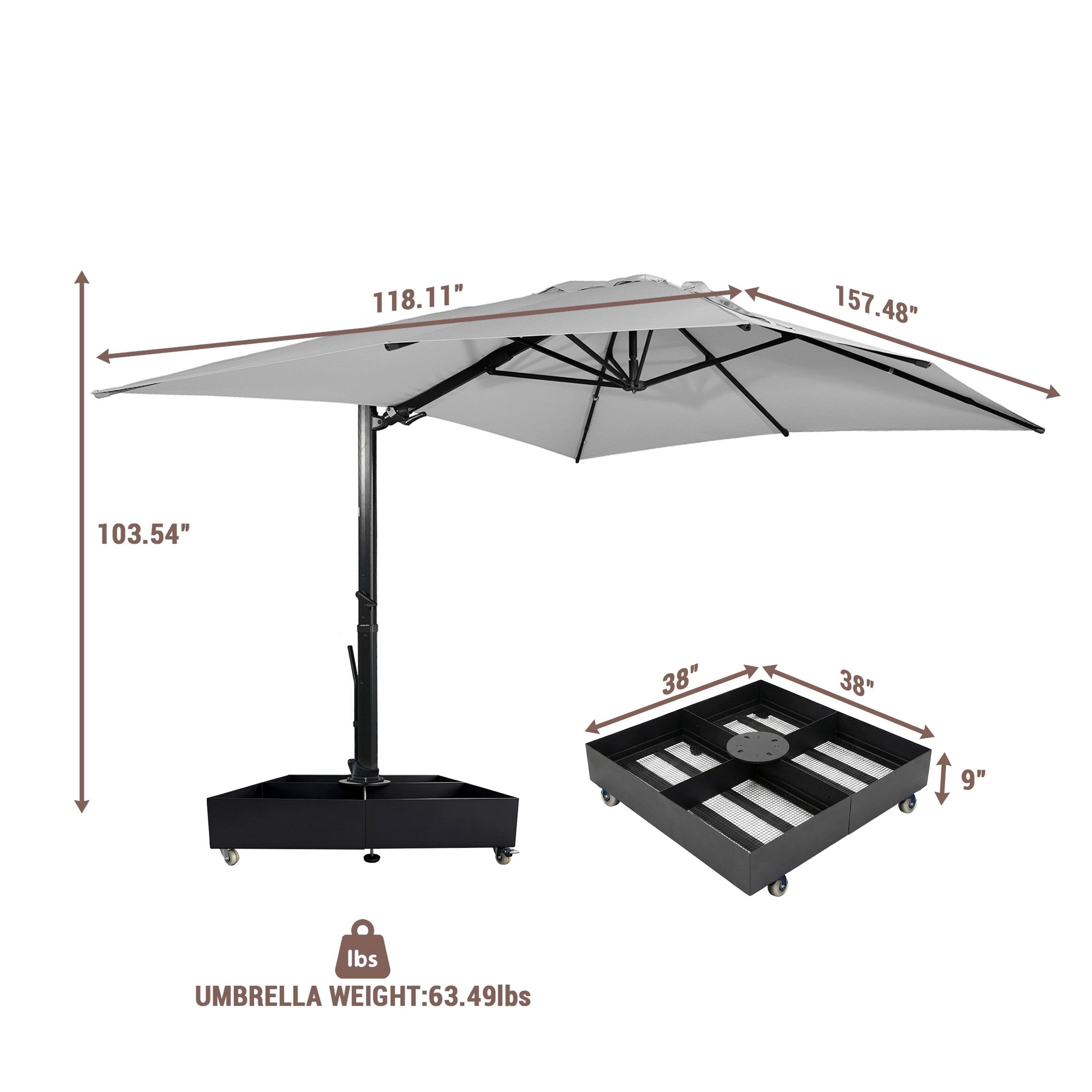 118.11"  
157.48"  
103.54"  
38"  
38"  
9"  
UMBRELLA WEIGHT: 63.49 lbs