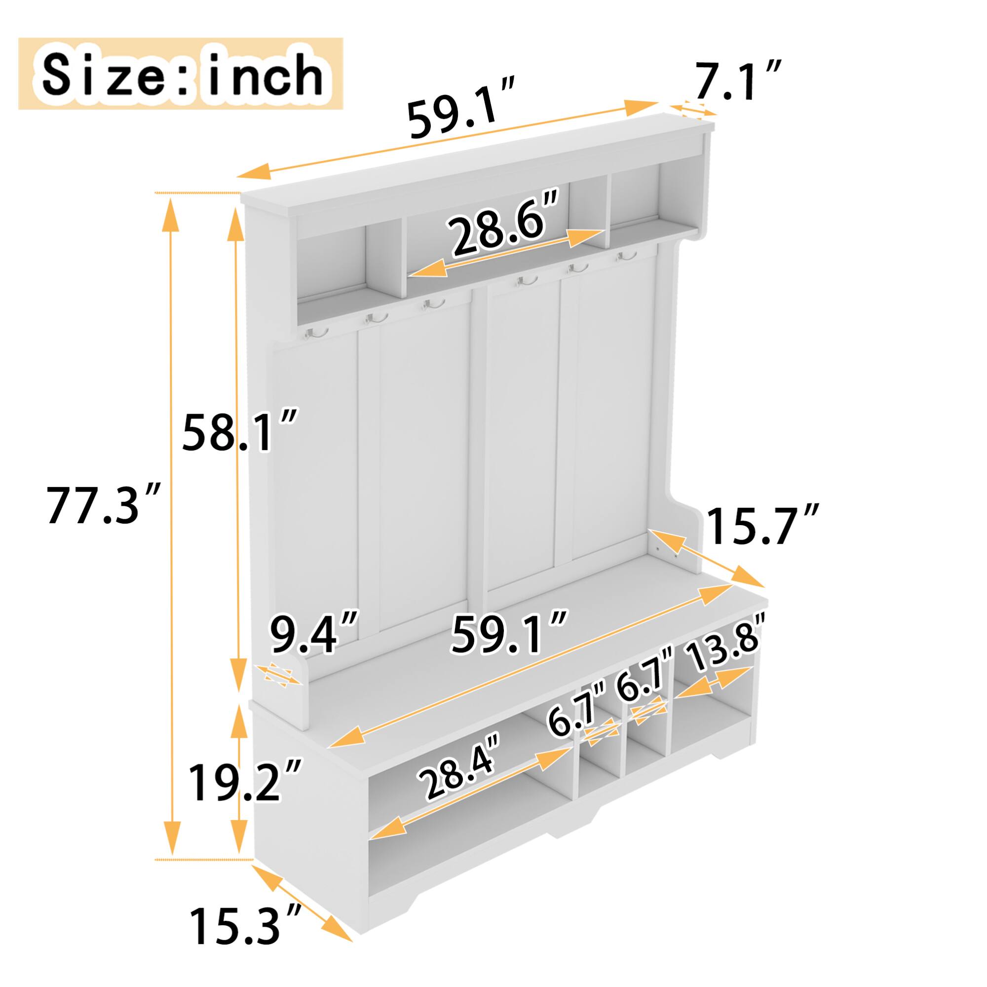 Size: inch  
59.1" x 28.6" x 7.1"  
58.1" x 77.3" x 15.7"  
9.4" x 59.1" x 13.8"  
6.7" x 6.7" x 19.2"  
28.4" x 15.3"