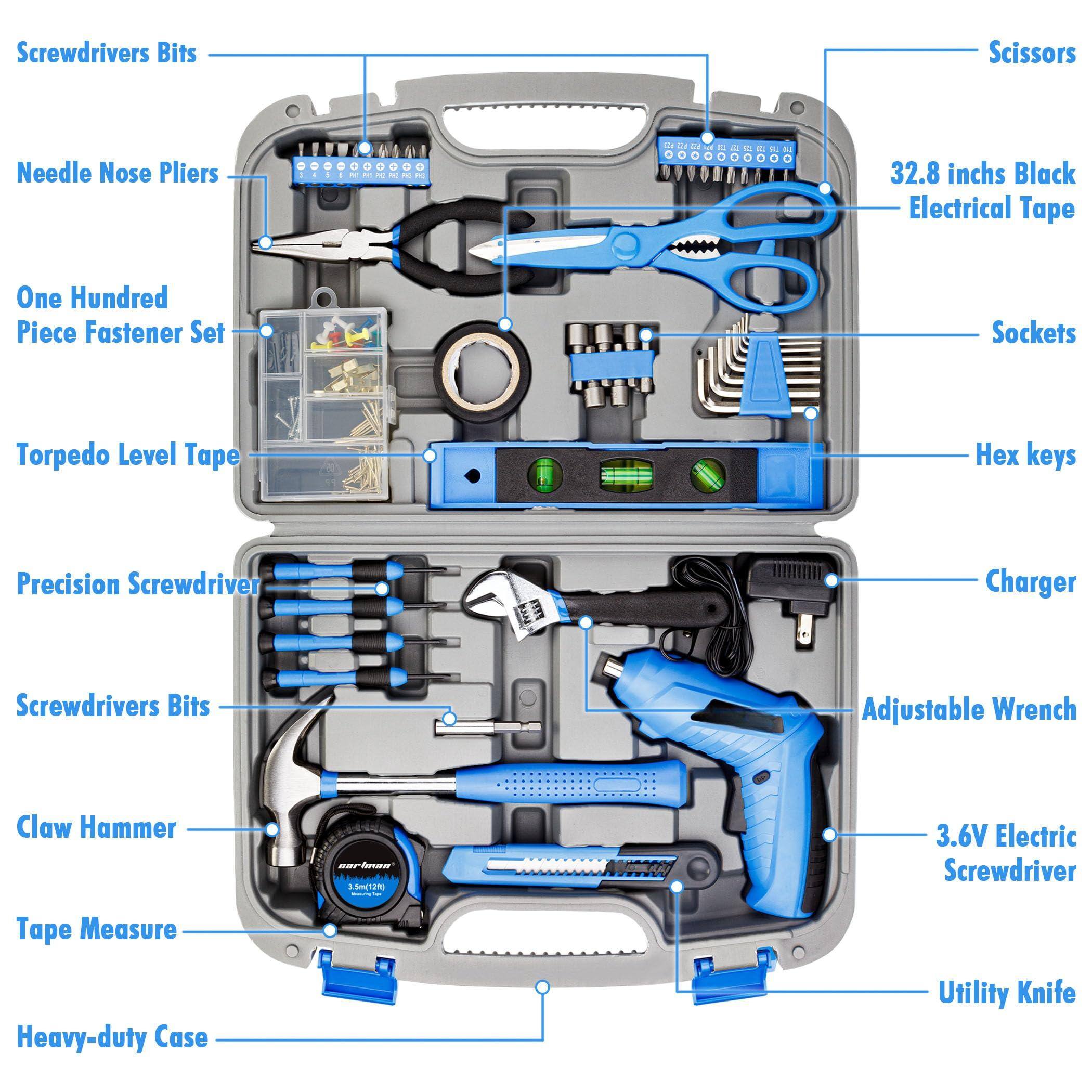 - Screwdrivers Bits
- Needle Nose Pliers
- One Hundred Piece Fastener Set
- Torpedo Level Tape
- Precision Screwdriver
- Screwdrivers Bits
- Claw Hammer
- Tape Measure
- Heavy-duty Case
- Scissors
- 32.8 inches Black Electrical Tape
- Sockets
- Hex keys
- Adjustable Wrench
- 3.6V Electric Screwdriver
- Charger
- Utility Knife