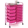 Front. Costway - 15 Drawer Rolling Storage Cart Mobile Cart with Colorful Drawers & Metal Frame - Hot Pink.