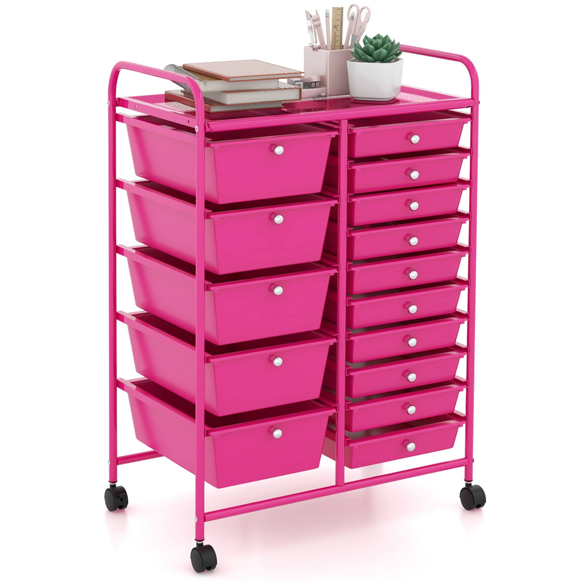 Costway - 15 Drawer Rolling Storage Cart Mobile Cart with Colorful Drawers & Metal Frame - Hot Pink