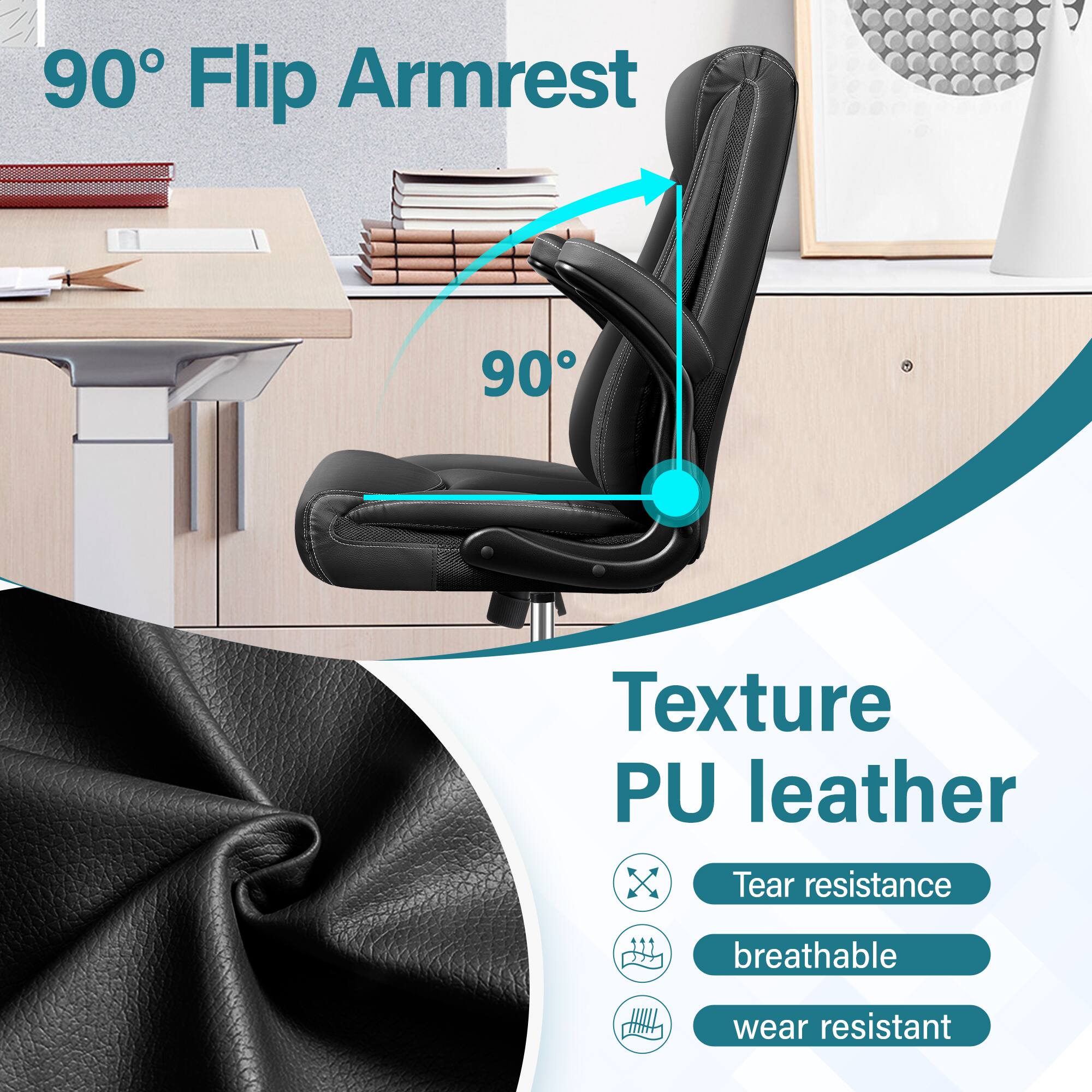 90° Flip Armrest

Texture PU leather

- Tear resistance
- Breathable
- Wear resistant
