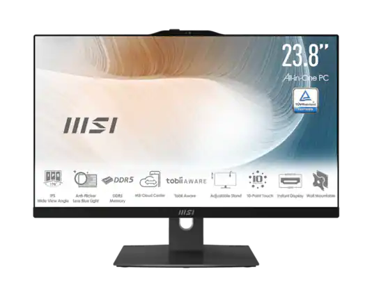 23.8" All-in-One PC
TÜV Rheinland CERTIFIED
IPS 178° Wide View Angle
Anti-Flicker
Less Blue Light
DDR5 Memory
tobii Aware
MSI Cloud Center
Adjustable Stand
10-Point Touch
Instant Display
Wall Mountable
HDMI