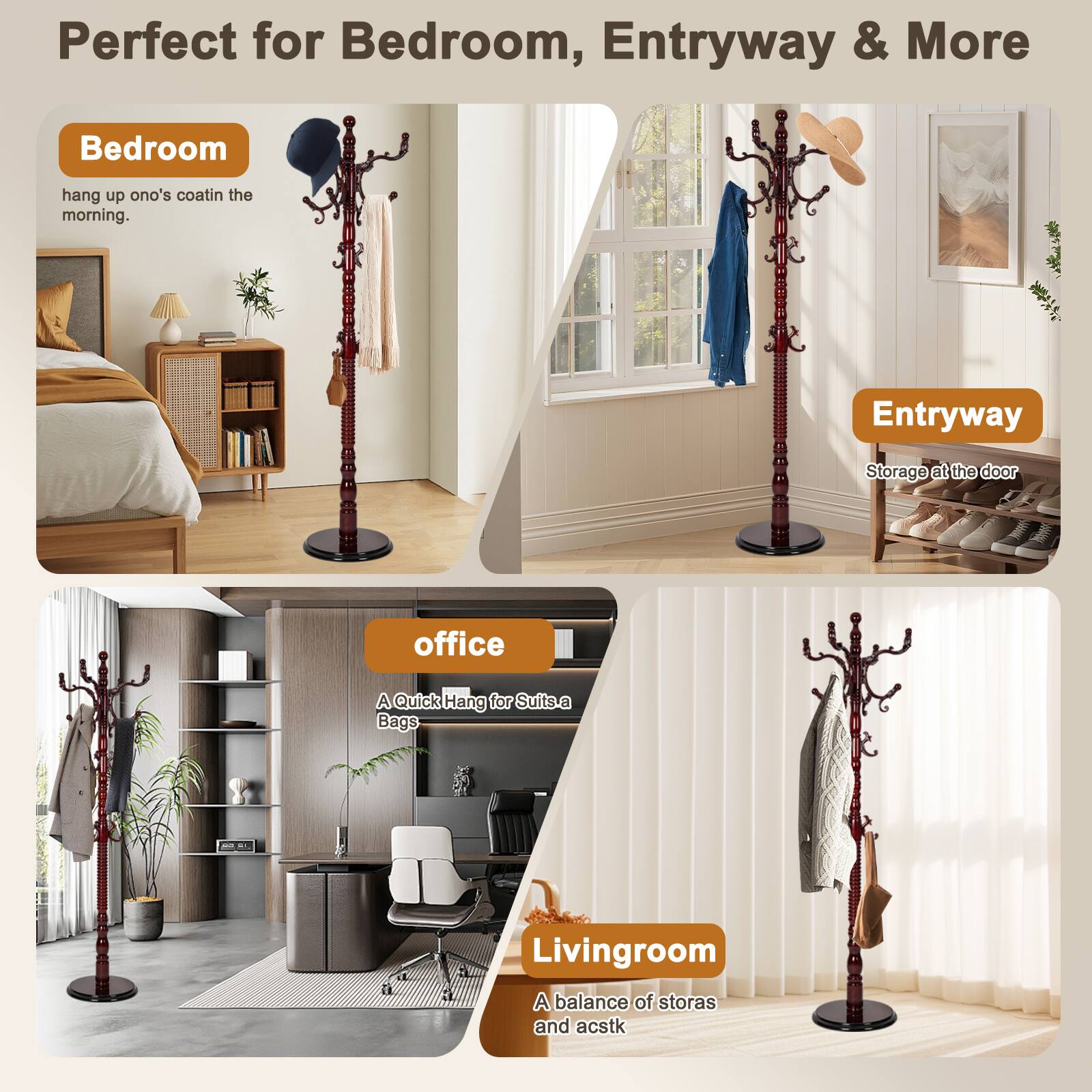 Alt View 5. Chateau Abodes - Solid Wood Coat Rack, Free Standing Hall Coat Tree with 14Hooks, 3 Height Options, 300lbs Load, Stury Base - Rosewood.